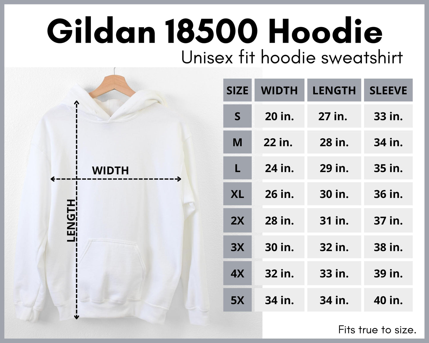 Gildan 18500 Hooded Sweatshirt Size Chart