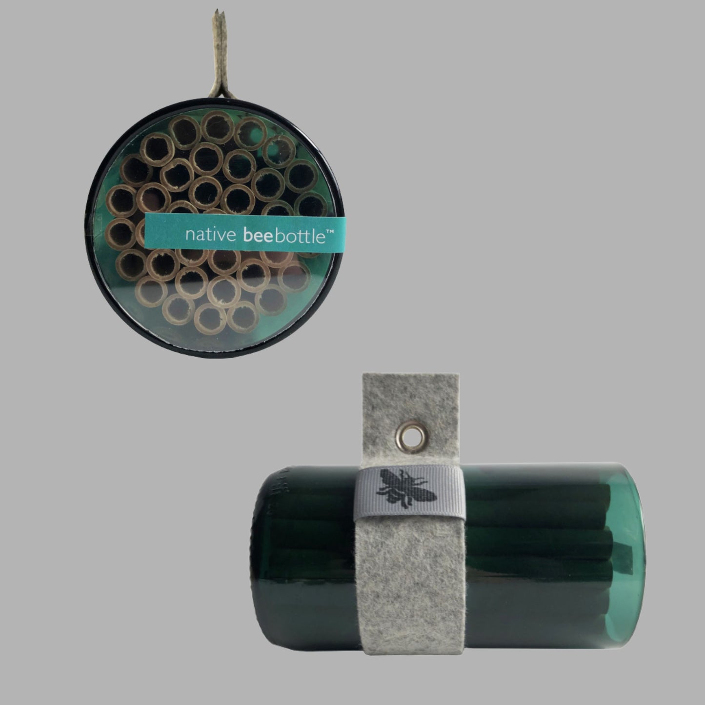 Handmade native bee bottle habitat with nesting tubes front and side view