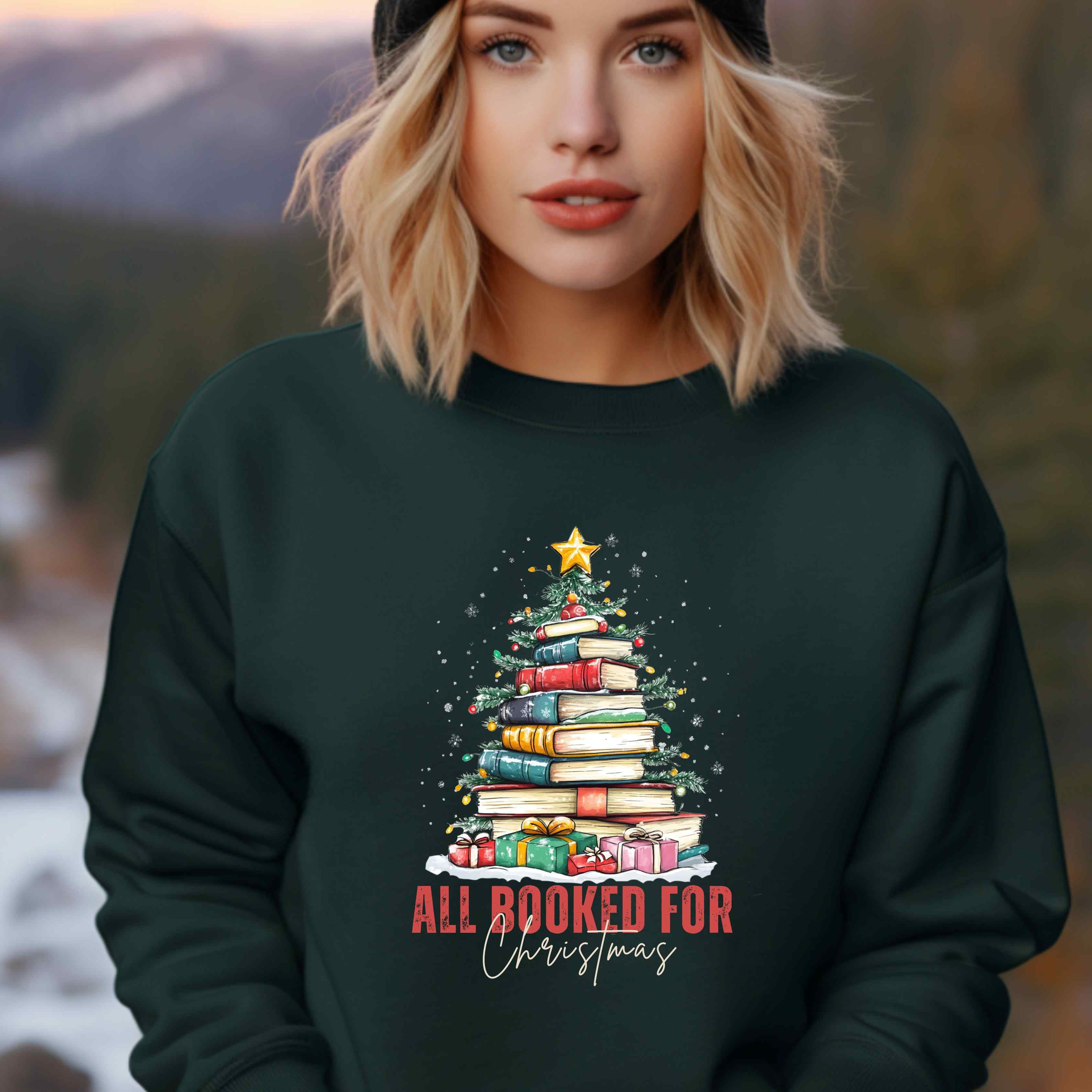 Printify Crewneck Sweatshirt All Booked for Christmas S White
