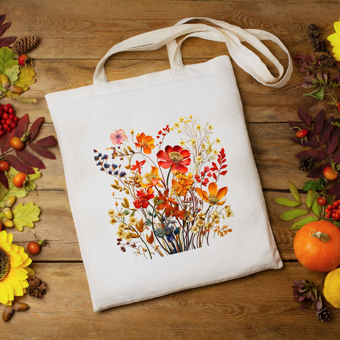Flat Lay of cotton canvas tote bag with a printed bouquet of autumn wildflowers in warm fall tones.