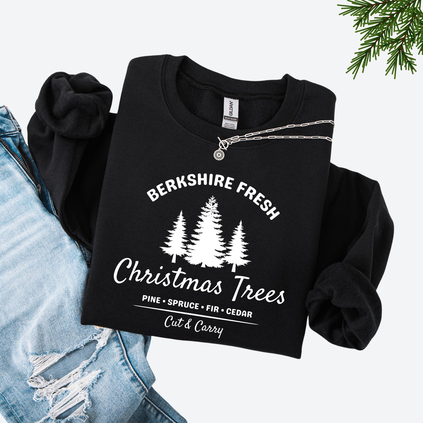 Black sweatshirt with 'Berkshire Fresh Christmas Trees' white text and tree graphic.