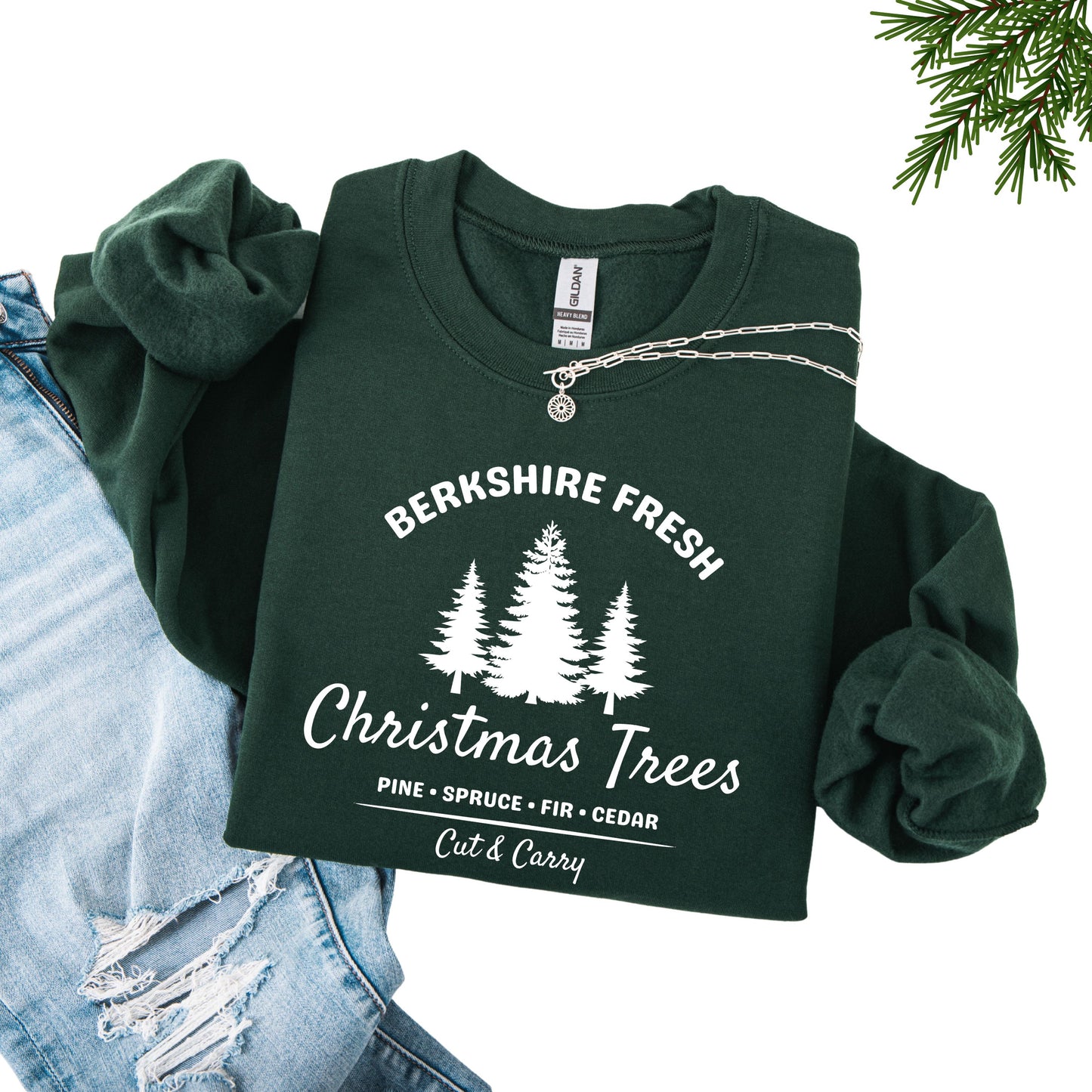 Spruce colored sweatshirt with 'Berkshire Fresh Christmas Trees' white text with trees graphic.