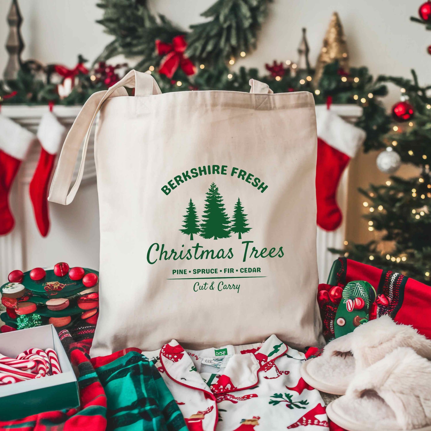 Tote bag with 'Berkshire Fresh Christmas Trees' design on table.