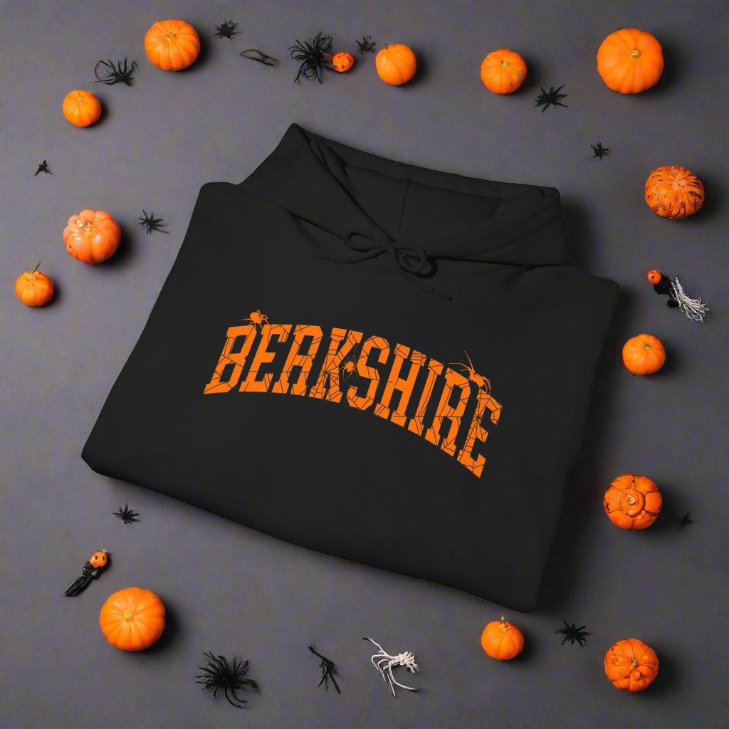 Berkshire Arachnophobia Hooded Sweatshirt Black With Orange Text Flat Lay