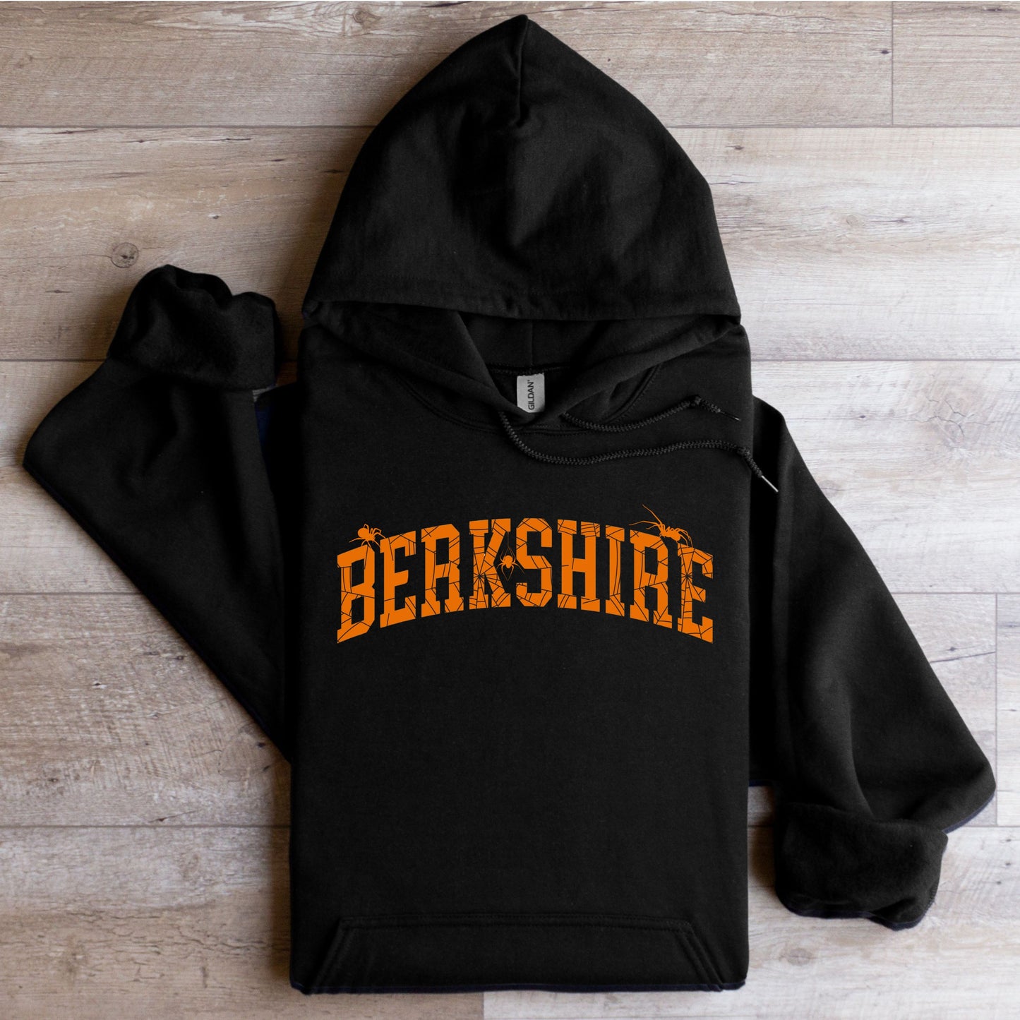 Berkshire Arachnophobia Hooded Sweatshirt Black With Orange Text Flat Lay