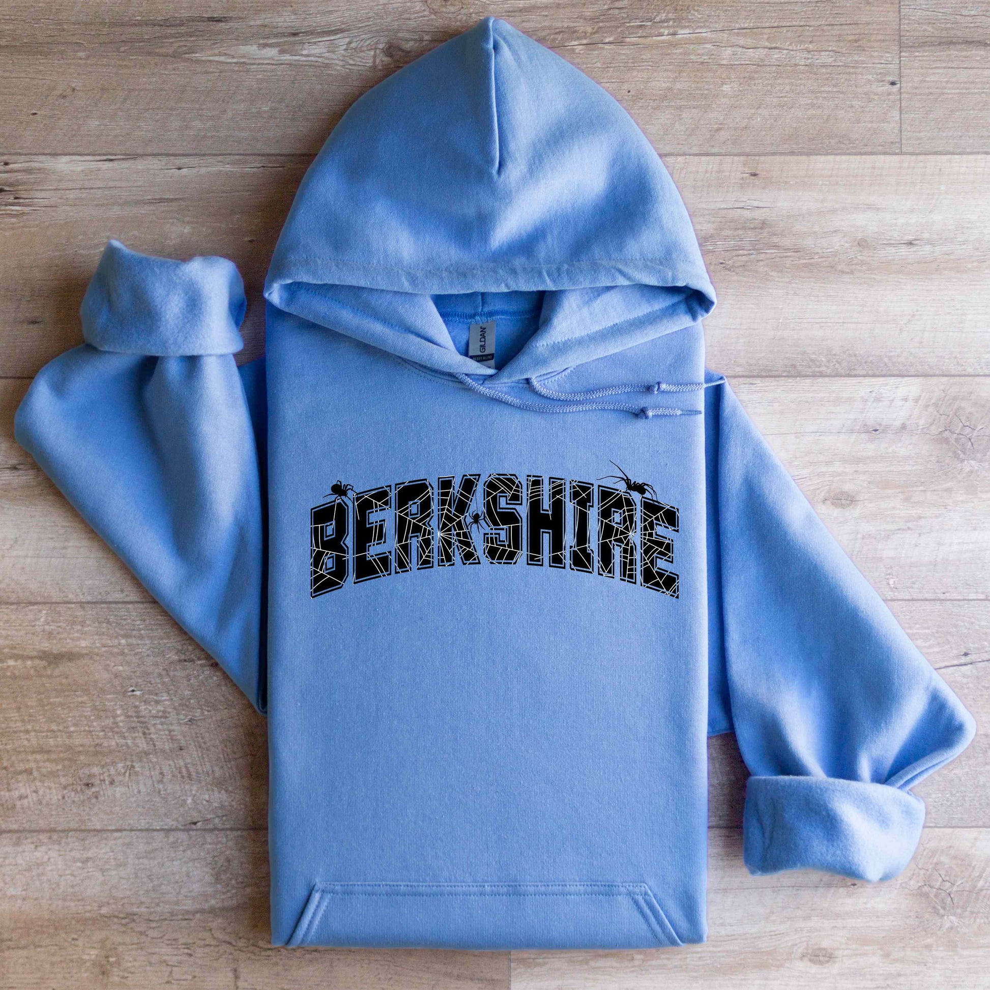 Berkshire Arachnophobia Hooded Sweatshirt Carolina Blue With Black Text Flat Lay