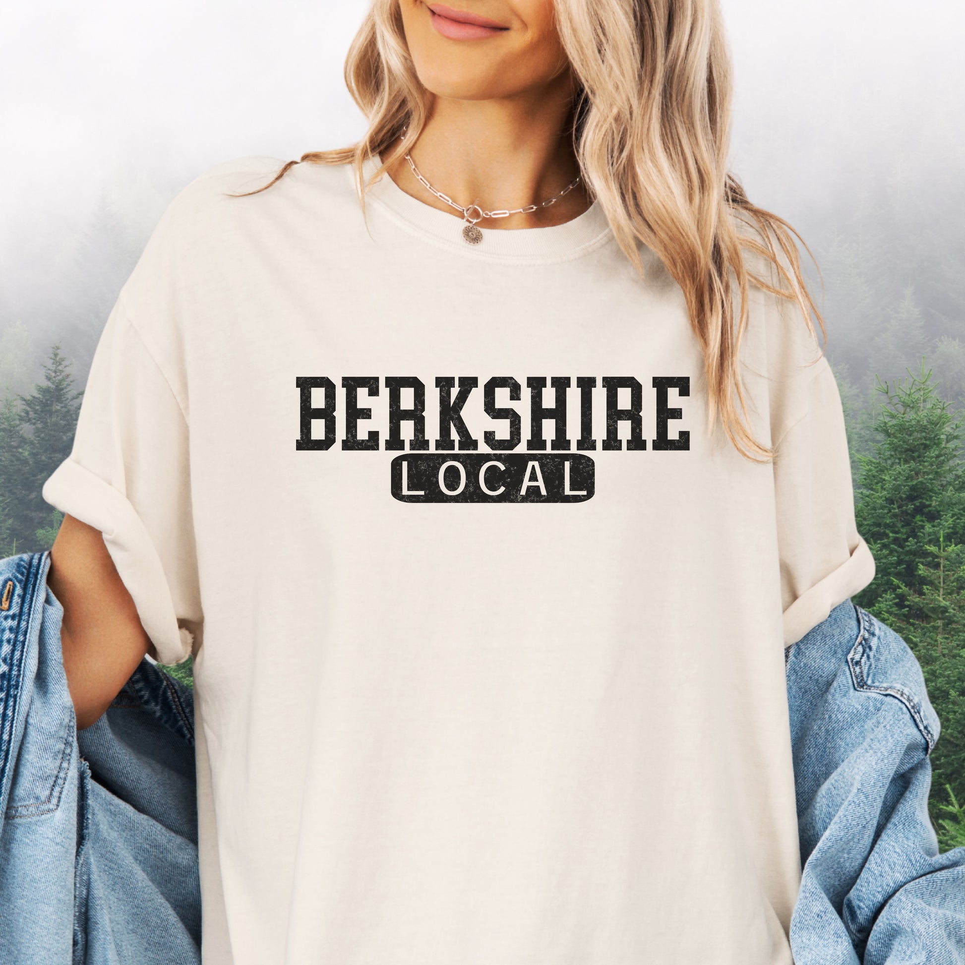 Person wearing Berkshire Local vintage distressed graphic on an ivory Comfort Colors t shirt