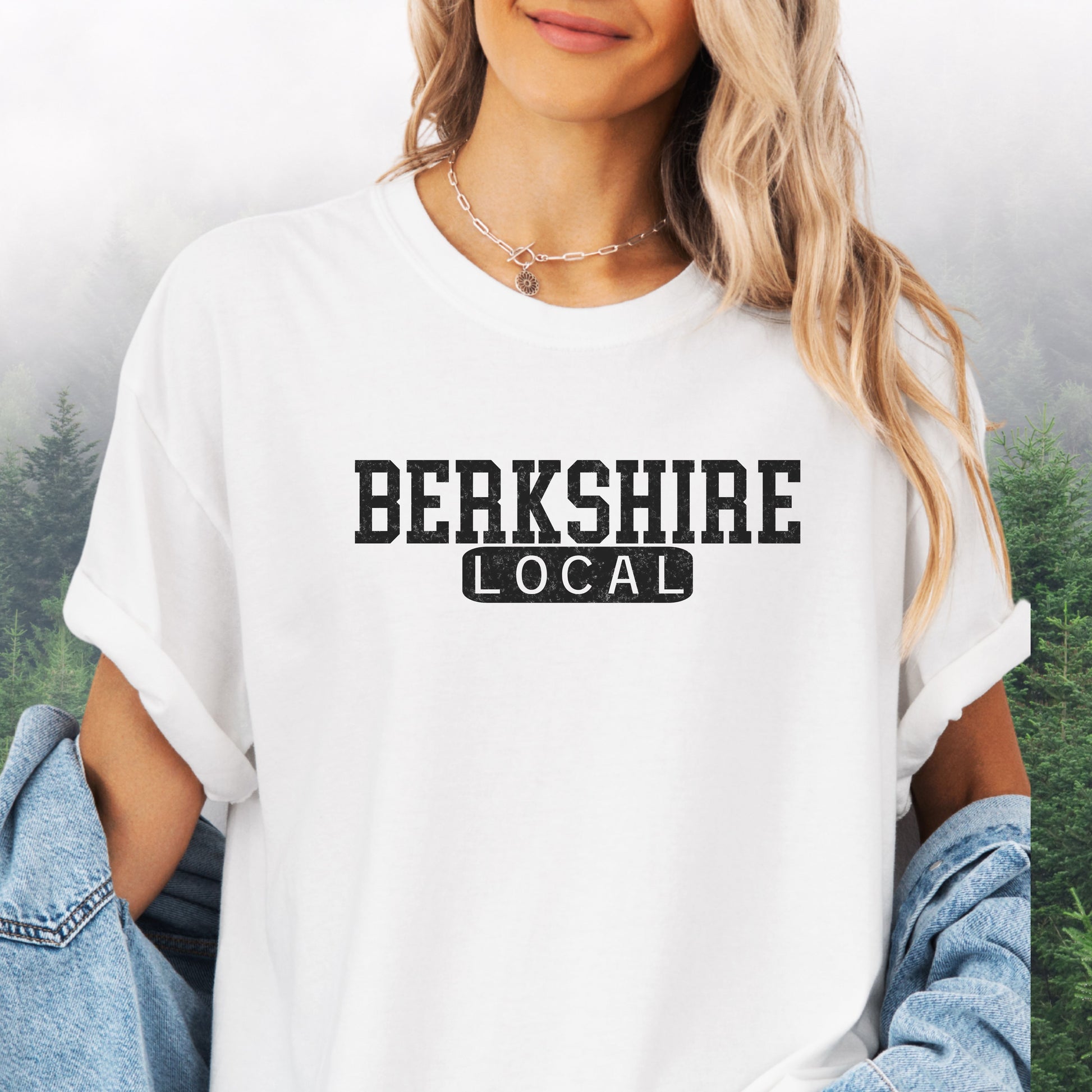 Person wearing Berkshire Local vintage distressed graphic on a white Comfort Colors t shirt