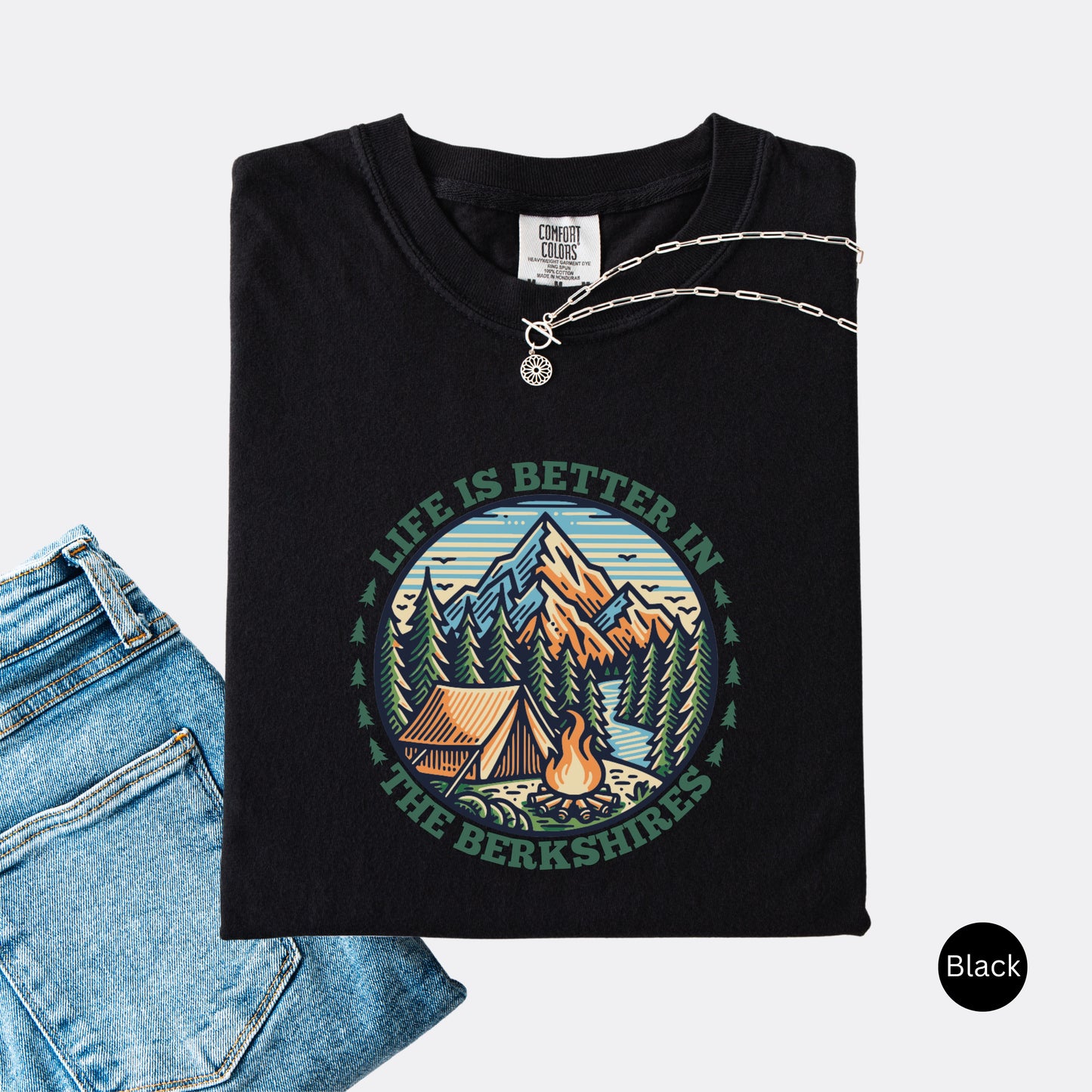 Comfort Colors shirt in the color Black with mountain design and the text: Life Is Better In The Berkshires