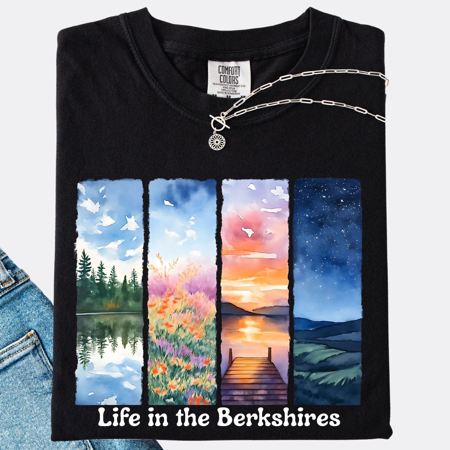 Life in the Berkshires Comfort Colors t-shirt in black. Watercolor panels featuring landscape elements.