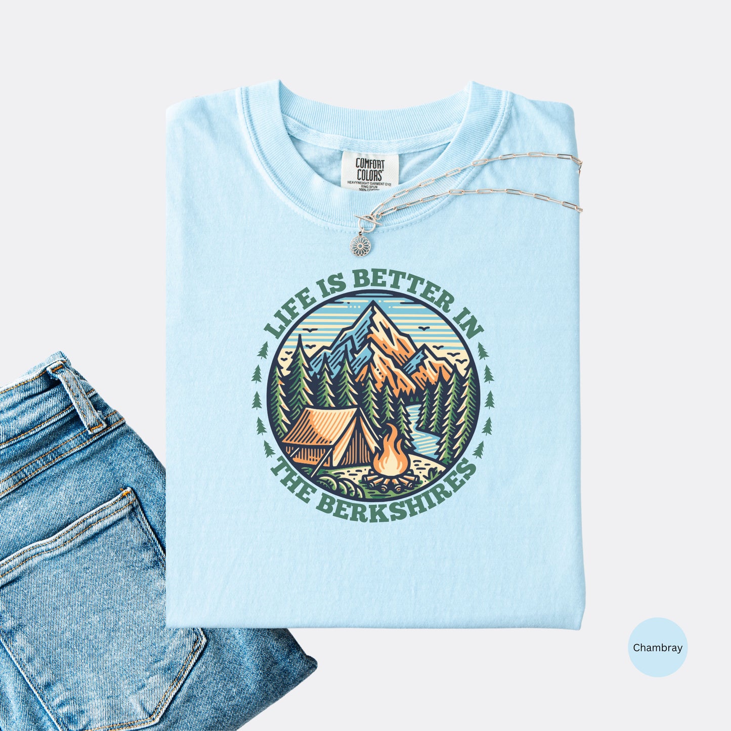 Comfort Colors shirt in the color Chambray with mountain design and the text: Life Is Better In The Berkshires