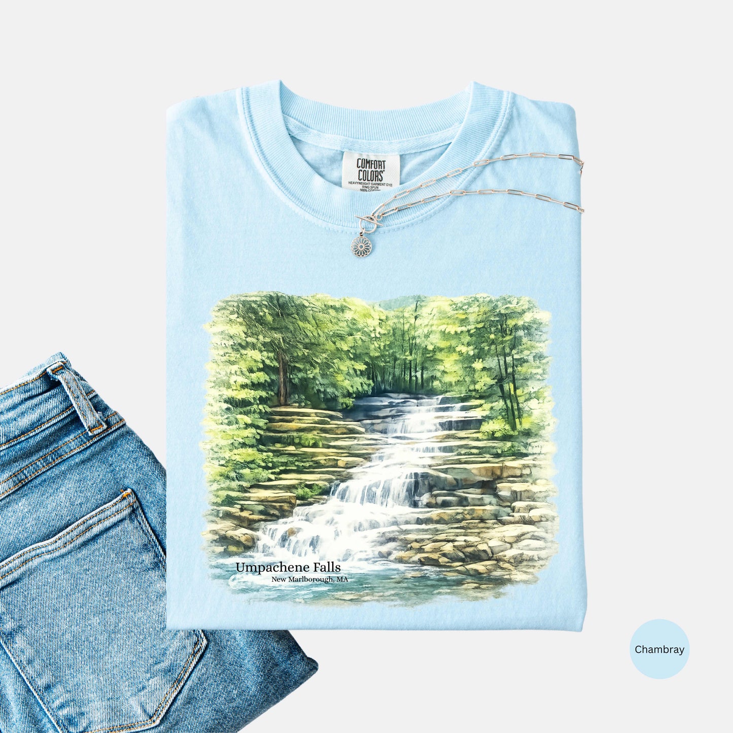Umpachene Falls Comfort Colors t-shirt with waterfall design in the color chambray