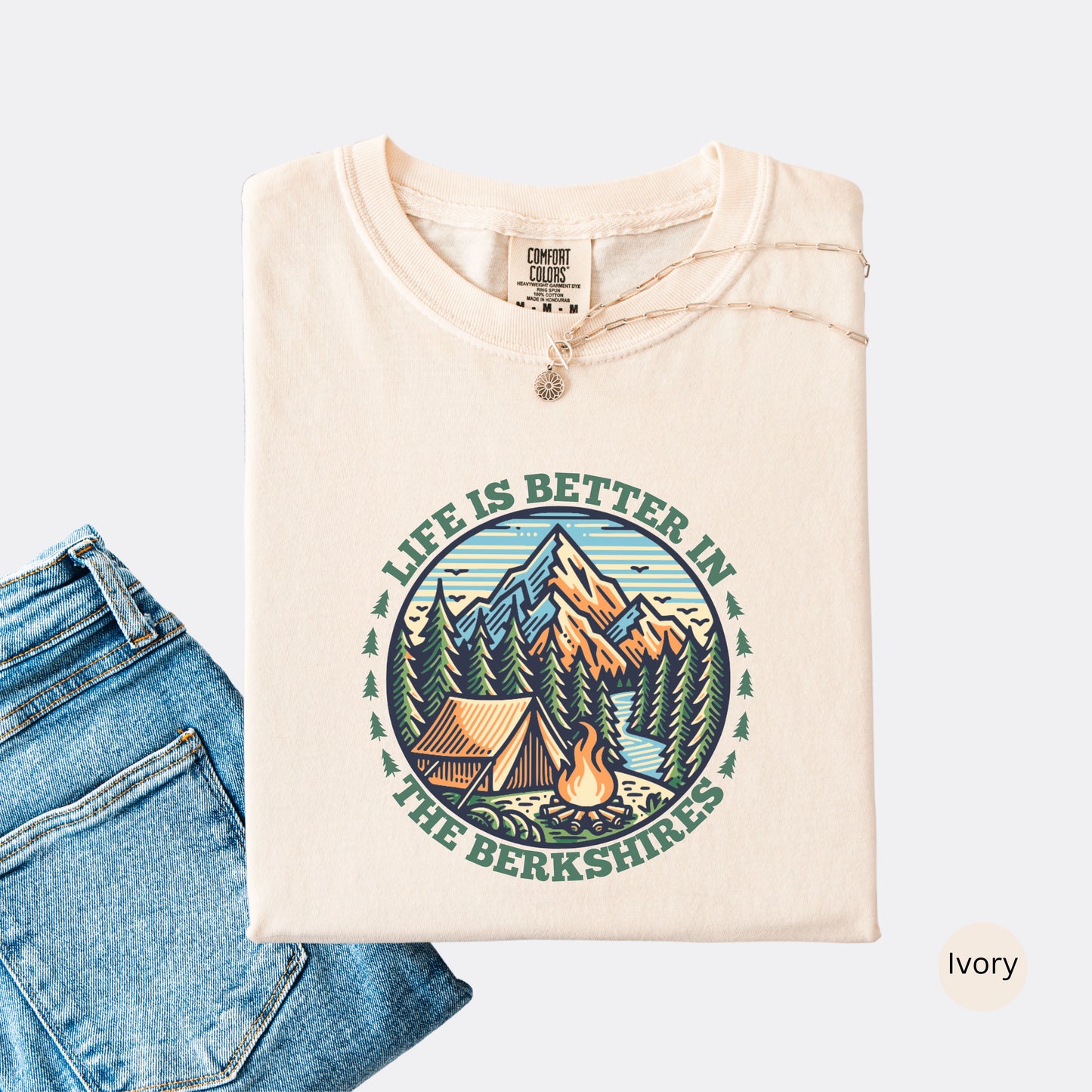 Comfort Colors shirt in the color Ivory with mountain design and the text: Life Is Better In The Berkshires