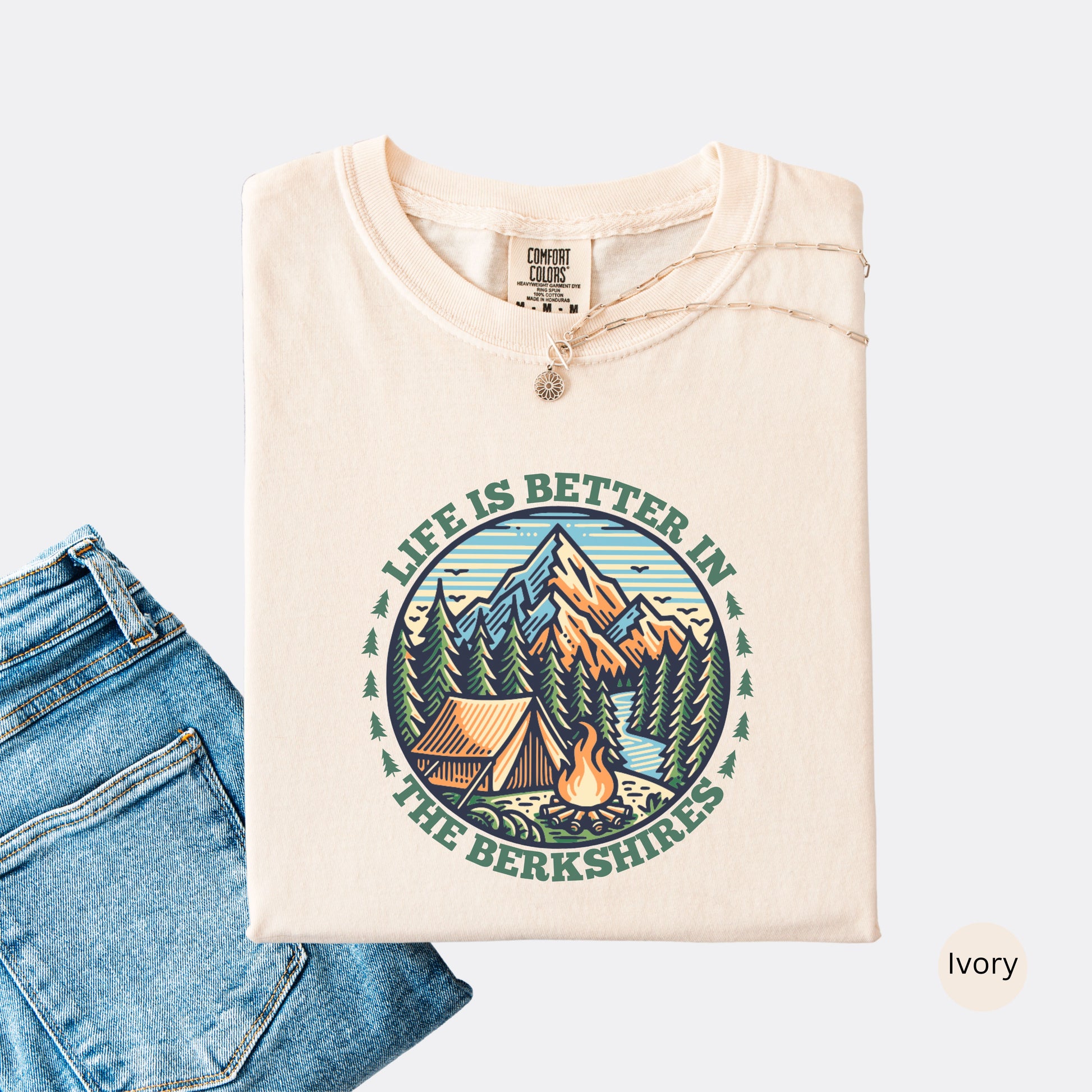Comfort Colors shirt in the color Ivory with mountain design and the text: Life Is Better In The Berkshires