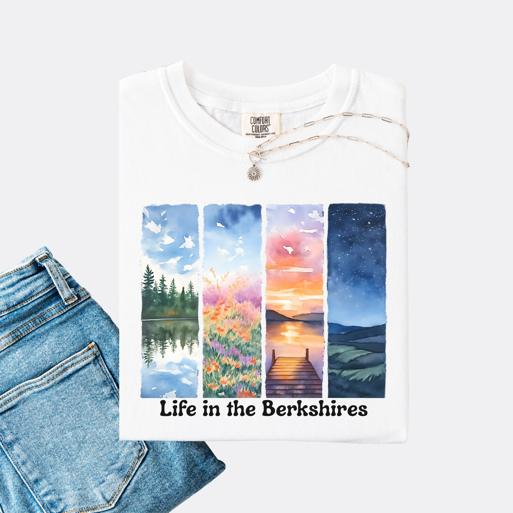 Life in the Berkshires Comfort Colors t-shirt in white. Watercolor panels featuring landscape elements.