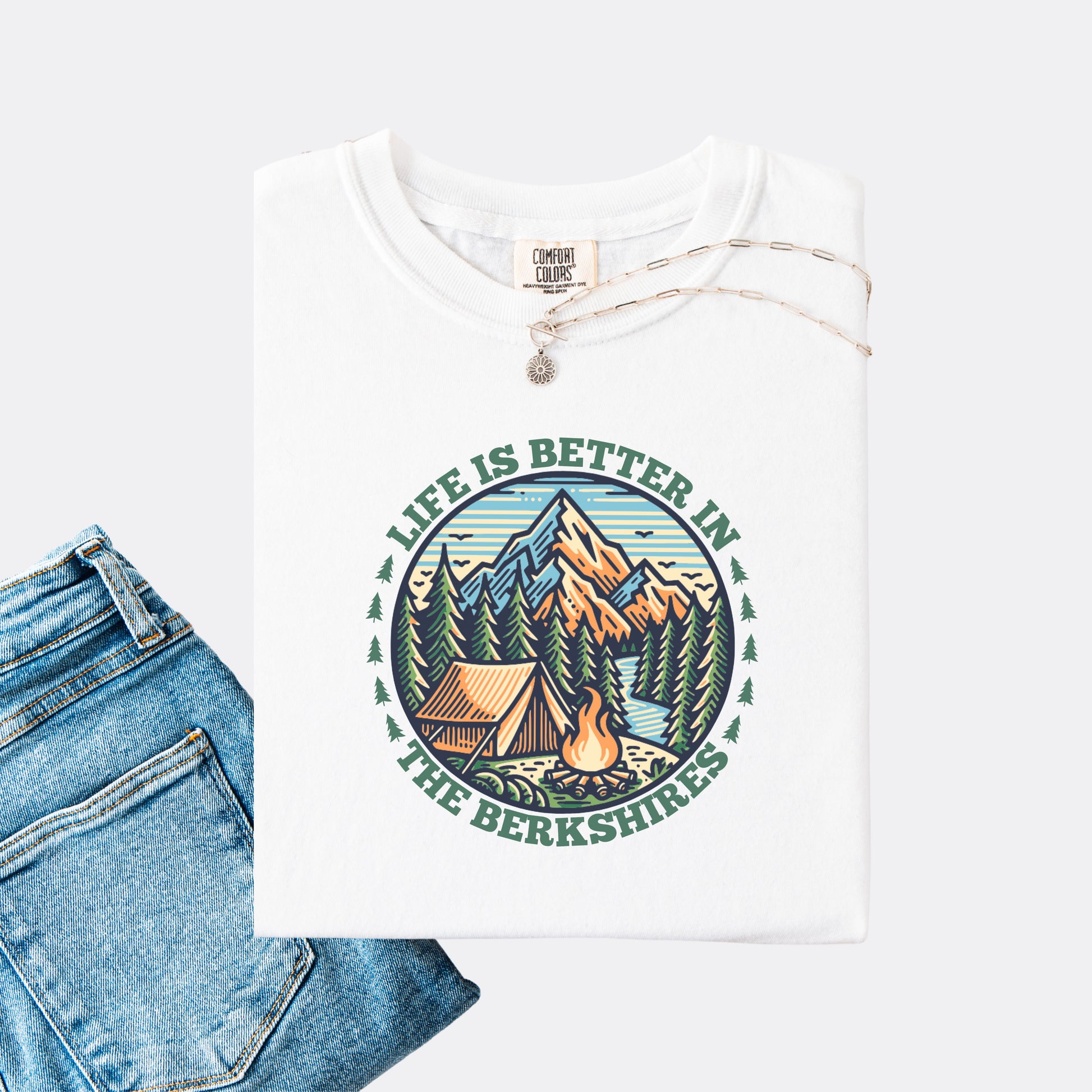 Comfort Colors shirt in the color White with mountain design and the text: Life Is Better In The Berkshires