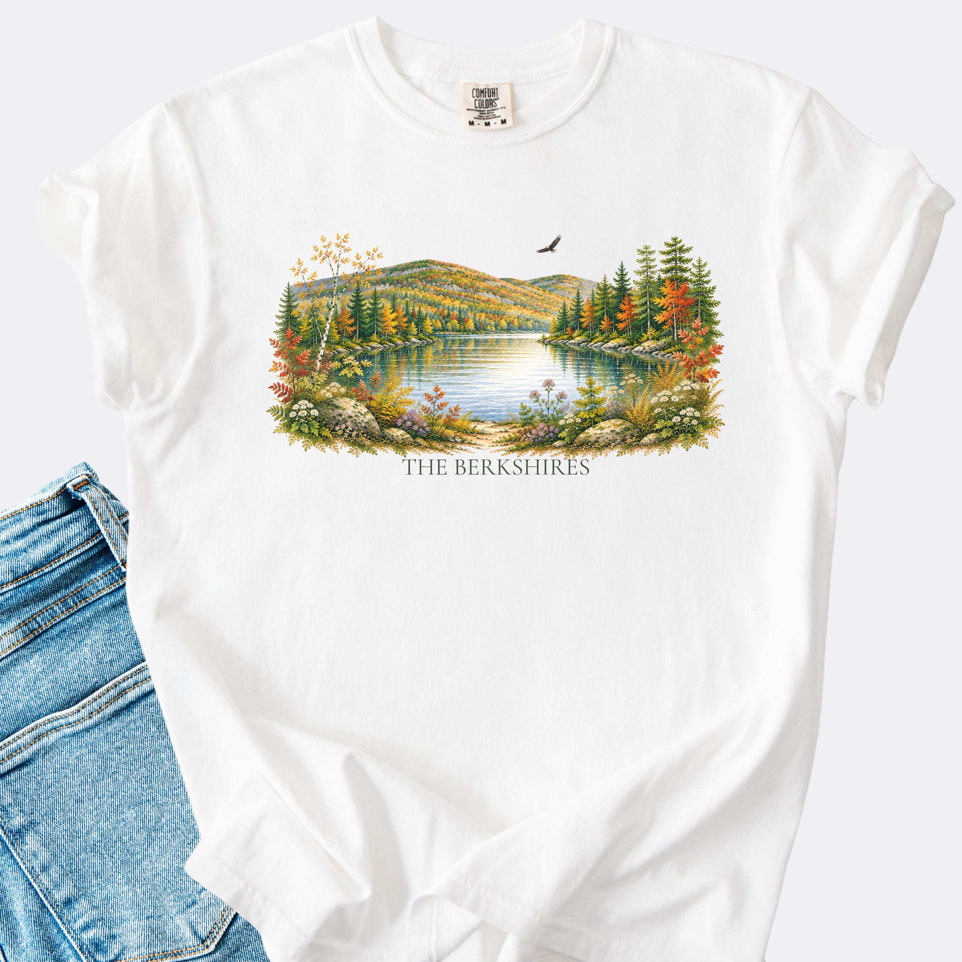 The Berkshires autumn landscape Comfort Colors T-shirt with colorful fall foliage, mountains, lake and eagle in the color