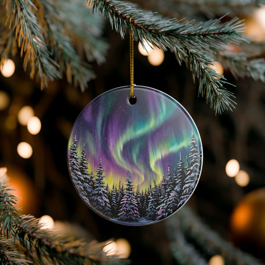 Northern Lights Christmas ornament with snowy evergreen forest and glowing winter night sky
