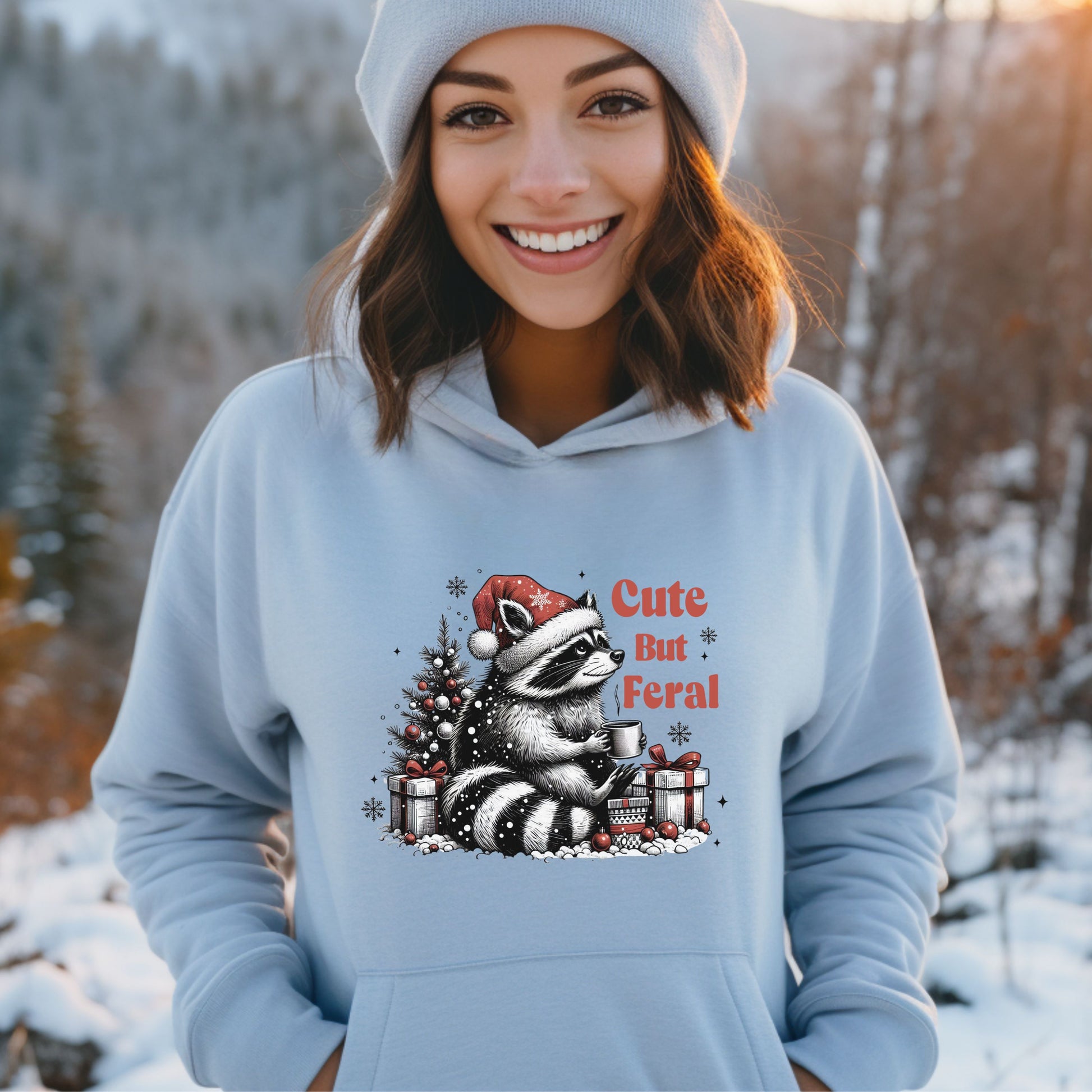 Cute But Feral Hooded Sweatshirt with racoon on model ight blue color