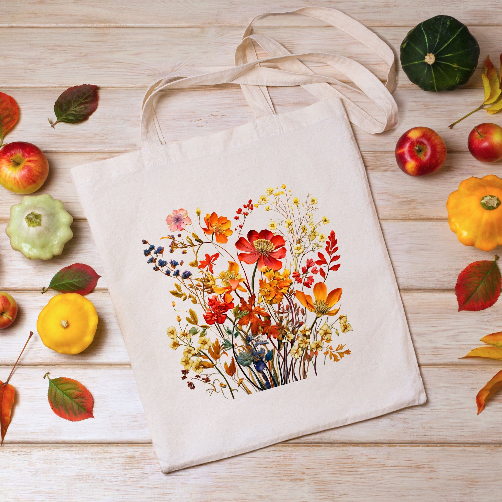 Fall Floral Canvas Tote Bag Flat Lay