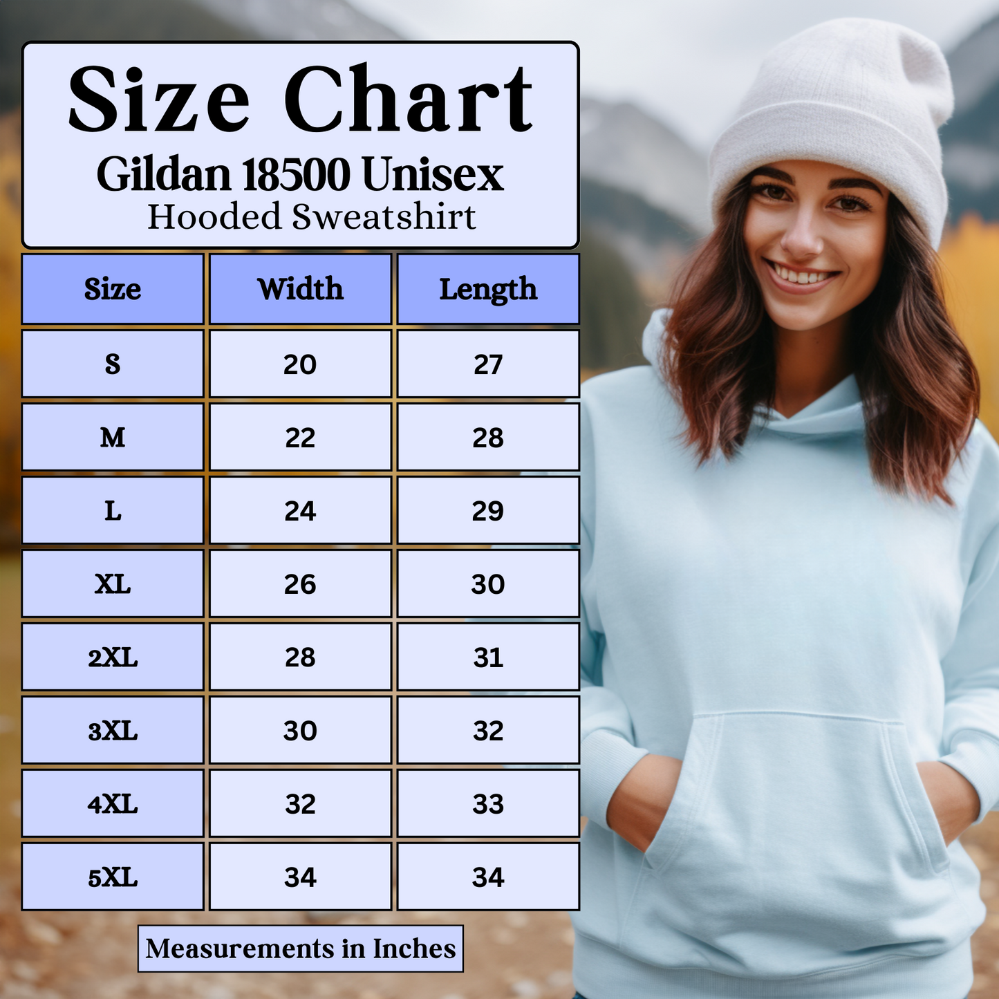 Gildan 18500 Unisex Hooded Sweatshirt Size Chart