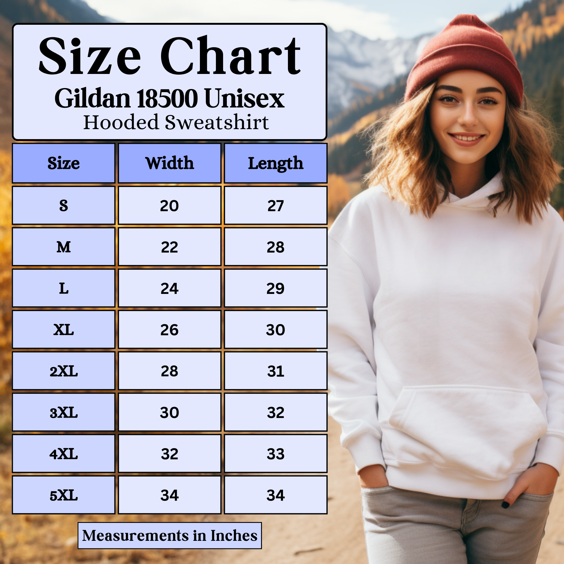 Gildan 18500 Unisex Hooded Sweatshirt Size Chart