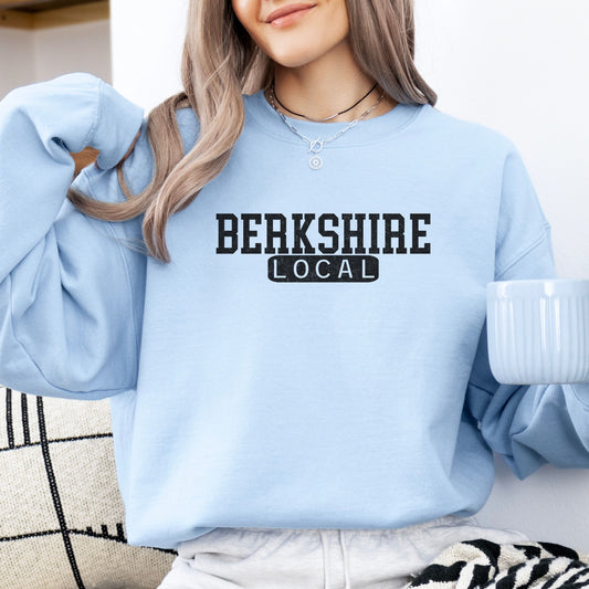 Person wearing Berkshire Local vintage distressed Massachusetts crewneck sweatshirt in the color light blue