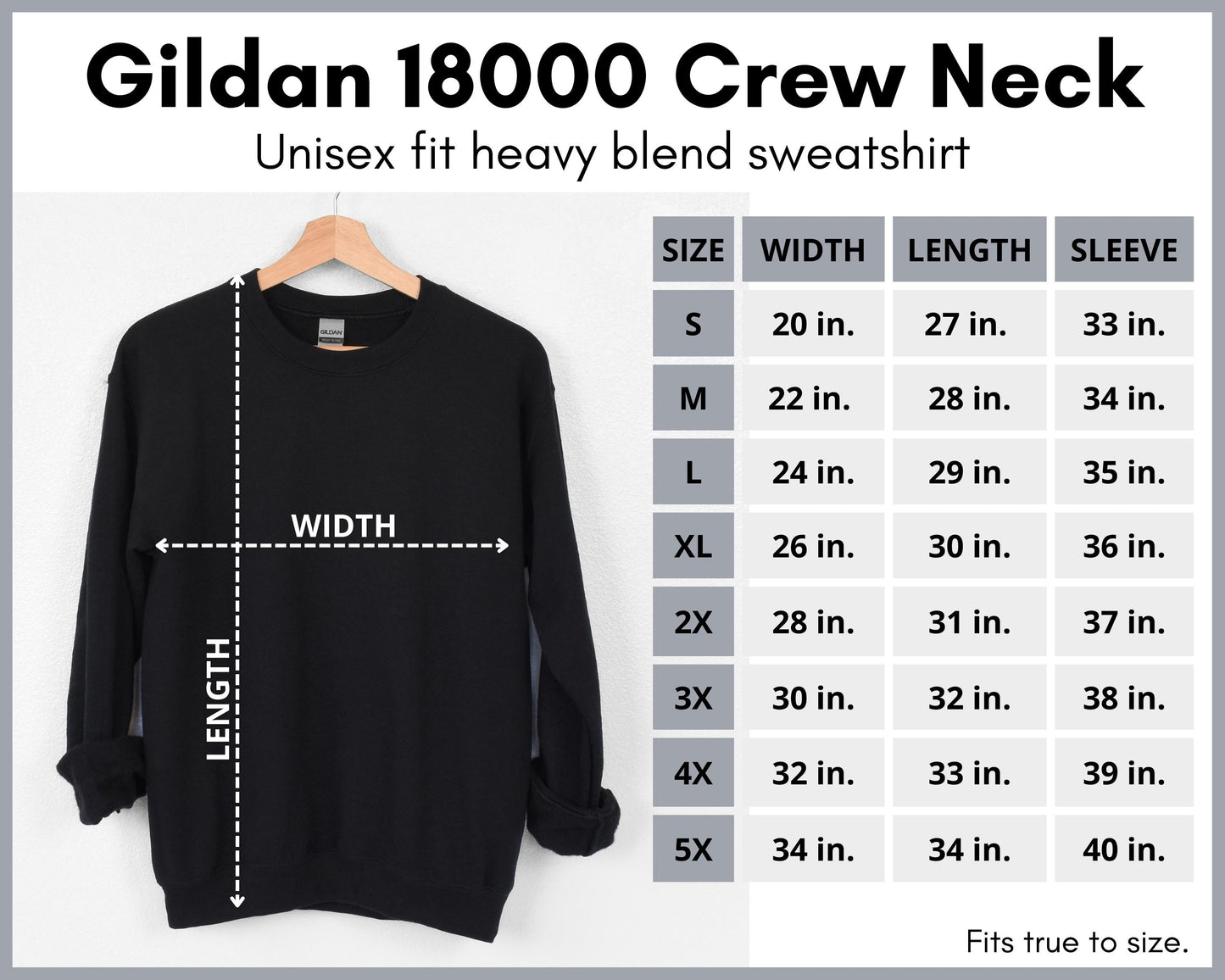 Gildan 18000 Crew Neck Sweatshirt Size Chart