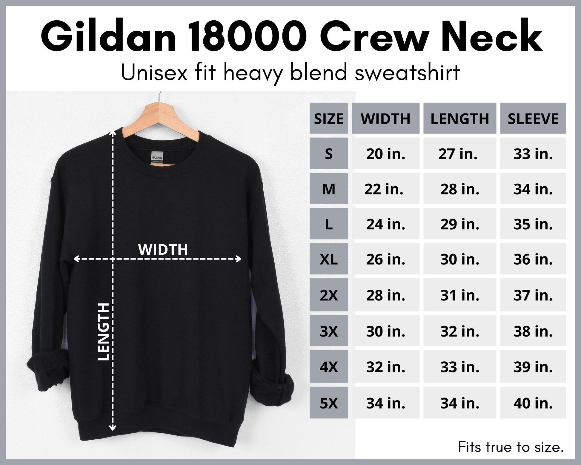 Gildan 18000 Crew Neck Sweatshirt Size Chart