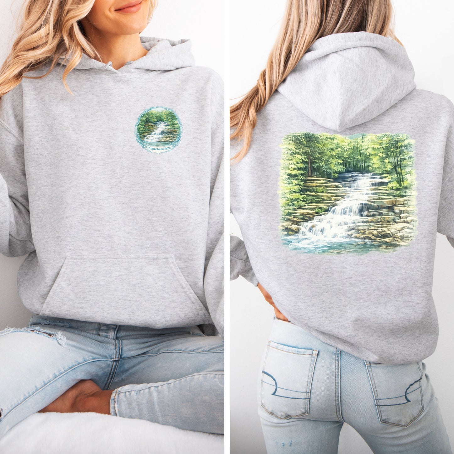 Person wearing ash colored hoodie with waterfall logo on front and full waterfall graphic on back