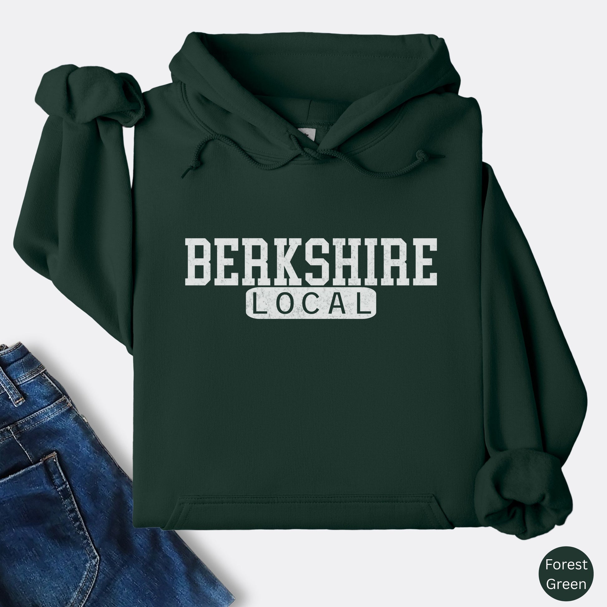 Berkshire Local vintage distressed Massachusetts hoodie with collegiate lettering, forest green