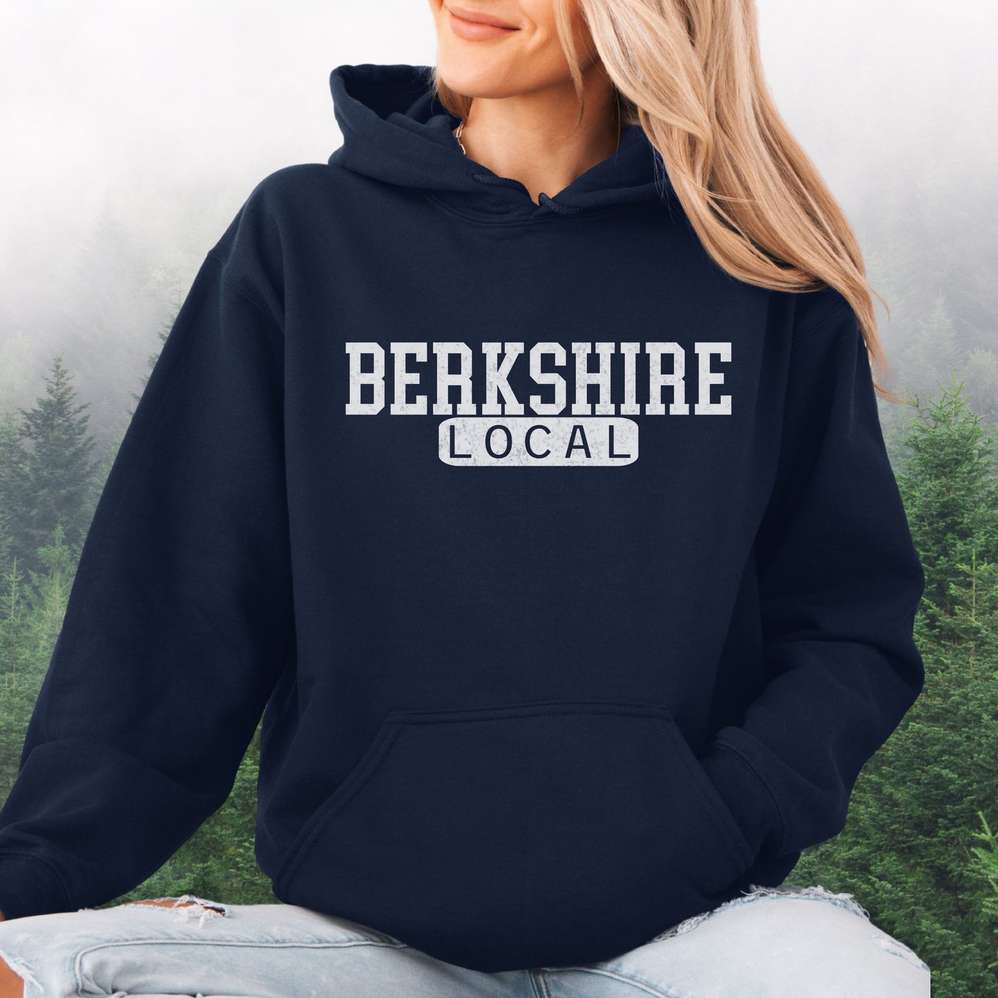 Person wearing Berkshire Local vintage distressed Massachusetts hoodie with collegiate lettering, navy