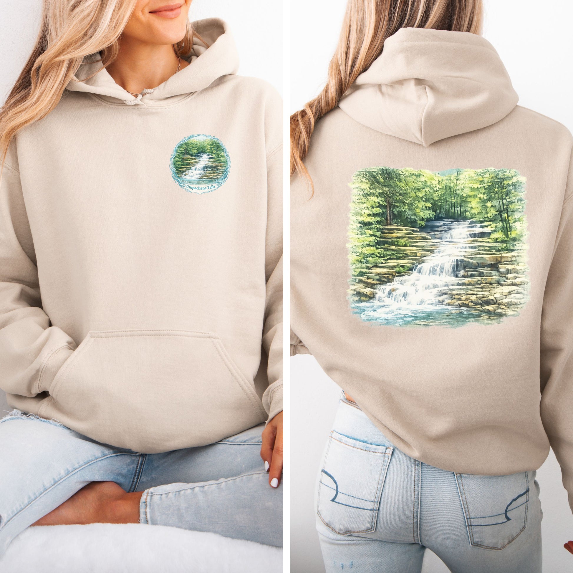 Person wearing sand colored hoodie with waterfall logo on front and full waterfall graphic on back