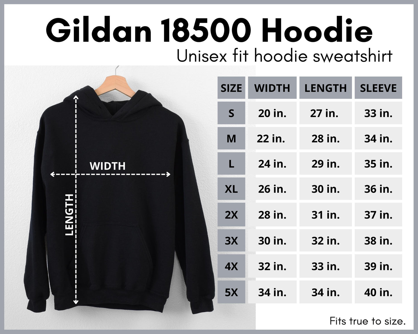 Gildan 18500 Unisex Hoodie Size Chart
