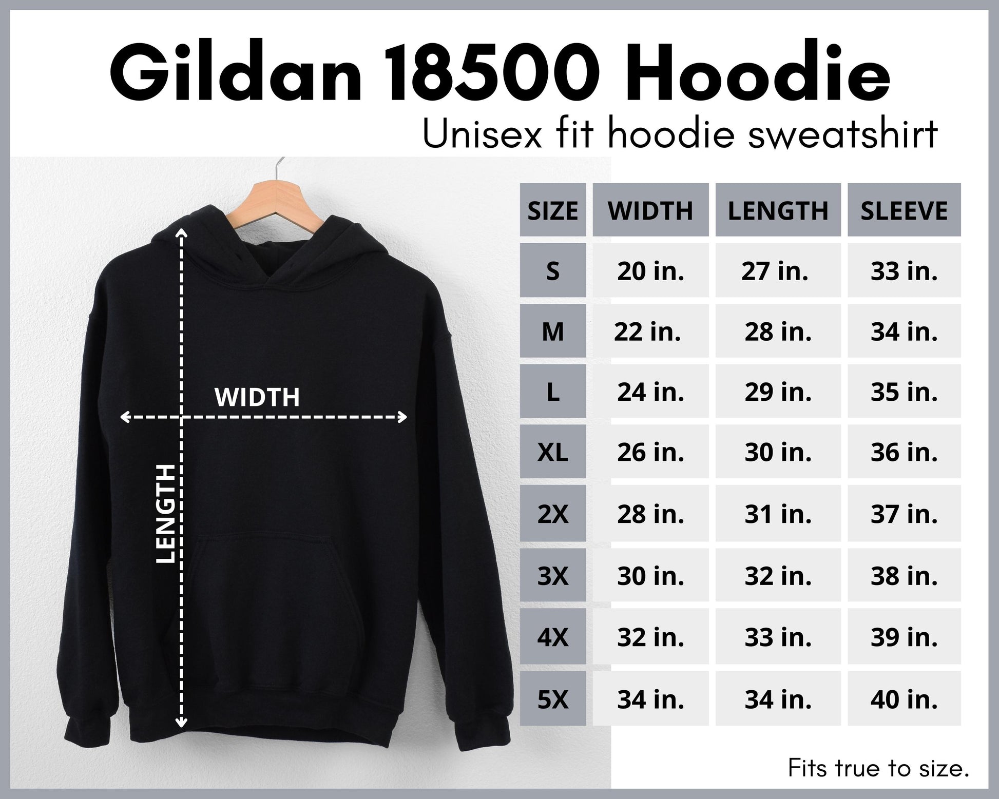 Gildan 18500 Unisex Hoodie Size Chart