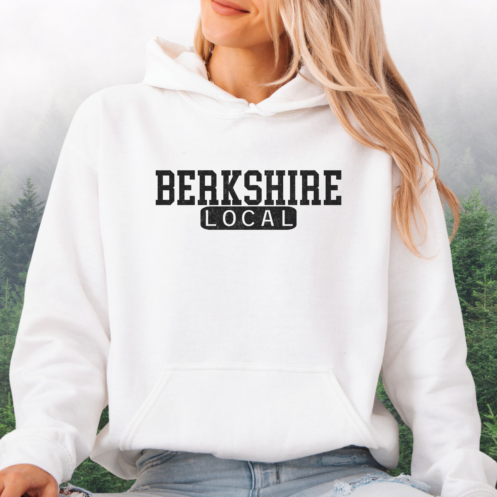 Person wearing Berkshire Local vintage distressed Massachusetts hoodie with collegiate lettering, white