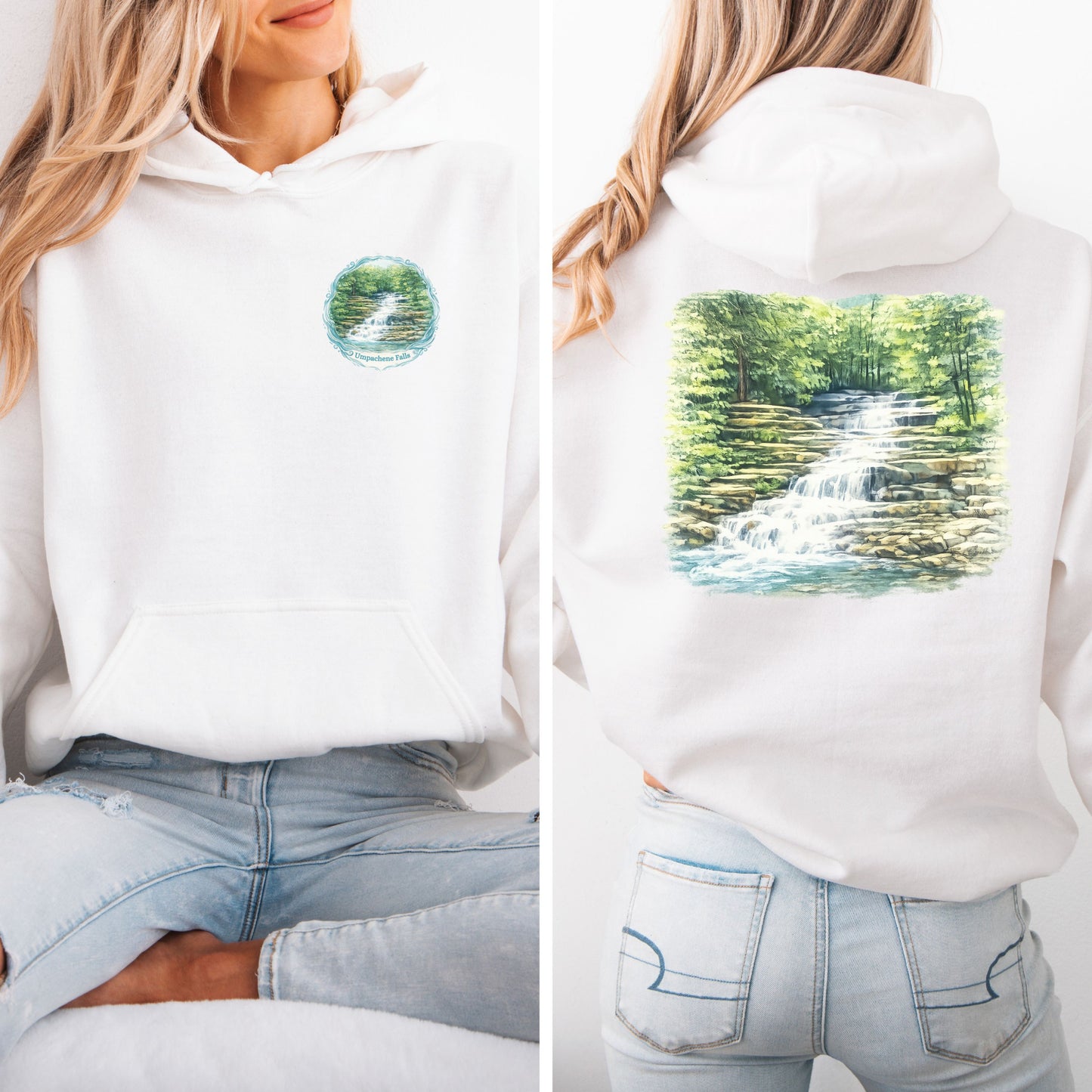 Person wearing white Hoodie with waterfall logo on front and full waterfall graphic on back