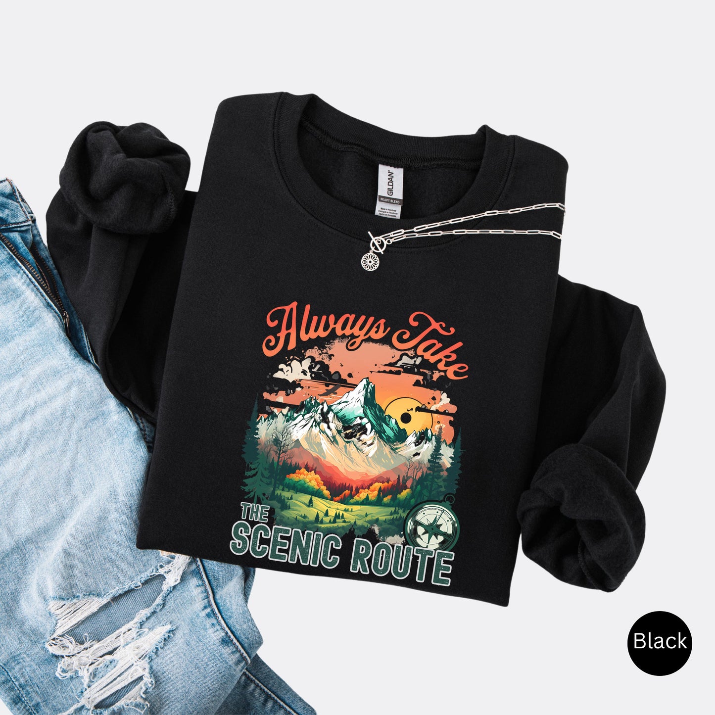 Always Take the Scenic Route Sweatshirt – Mountain Adventure Graphic Pullover