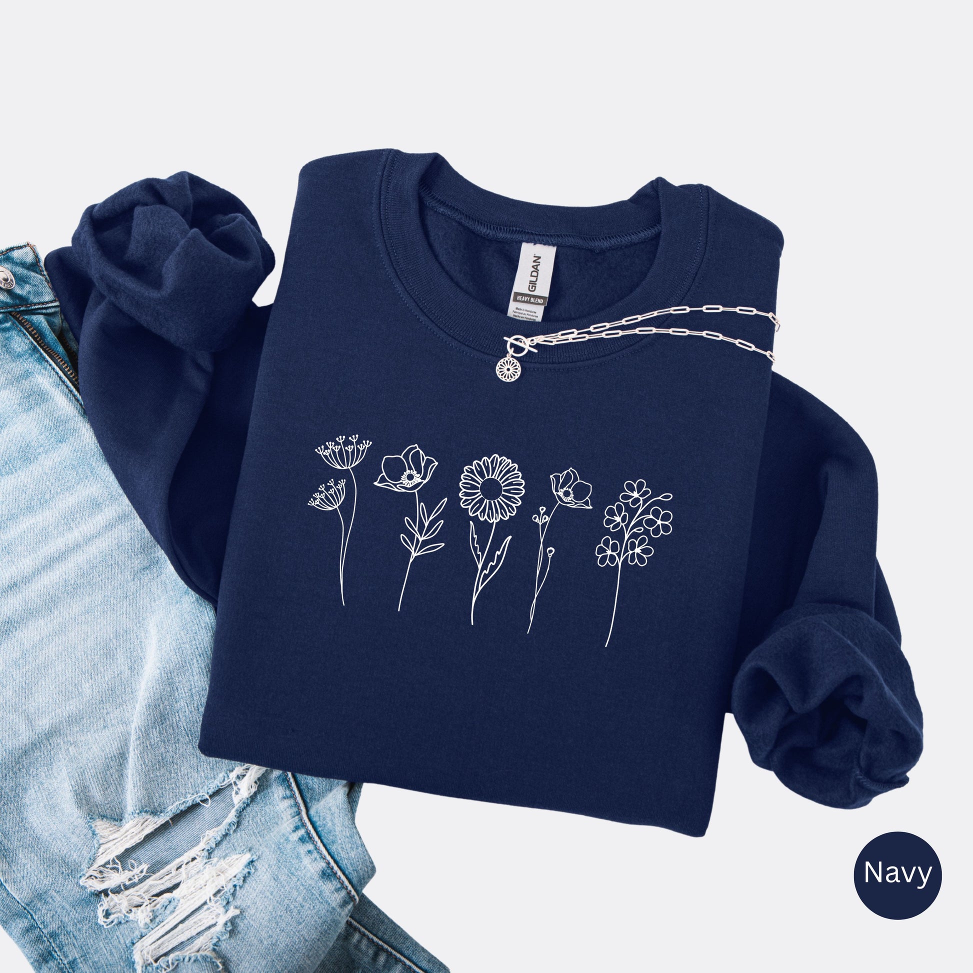Wildflowers Crewneck Sweatshirt in the color navy with white minimalist flowers
