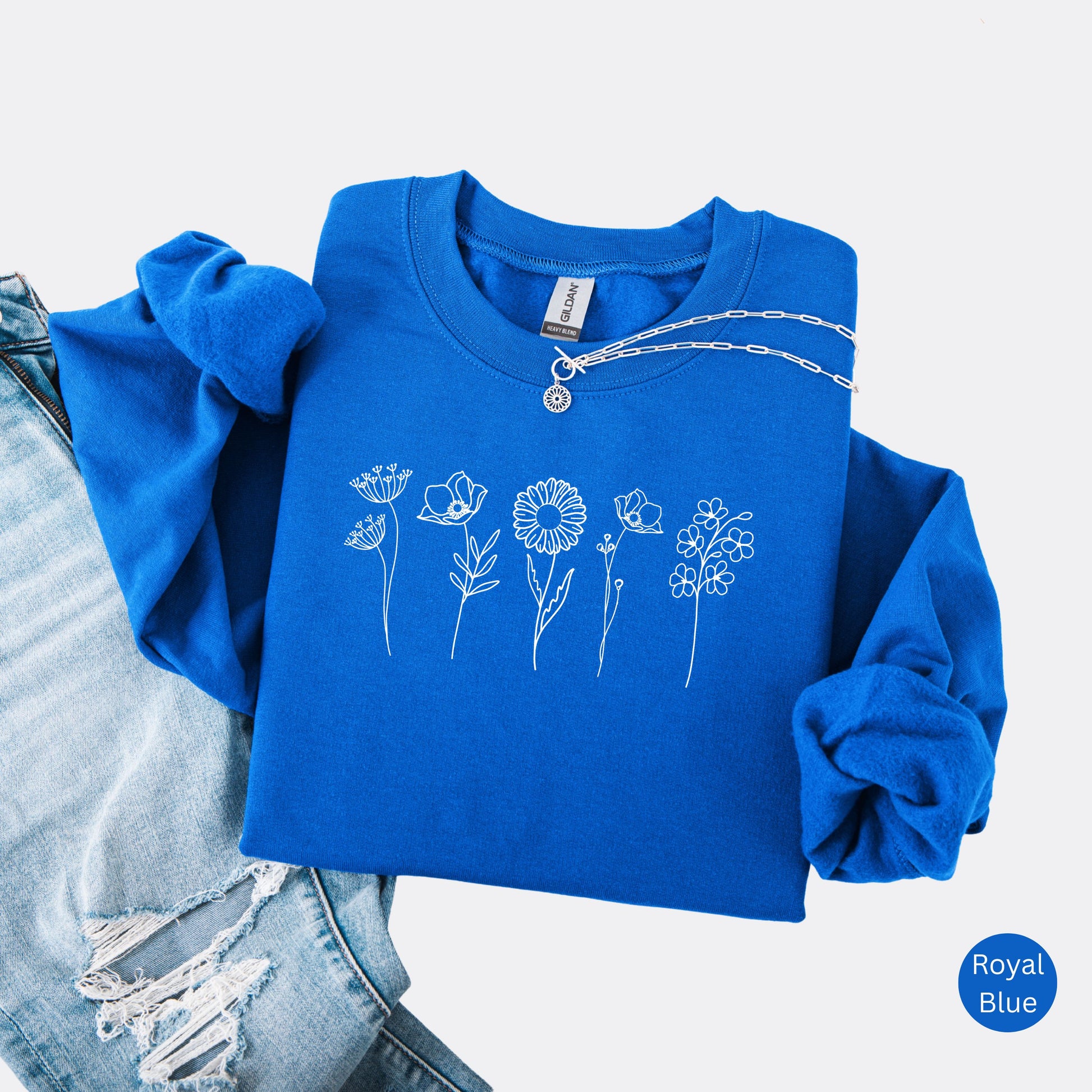 Wildflowers Crewneck Sweatshirt, royal blue with white minimalist flowers