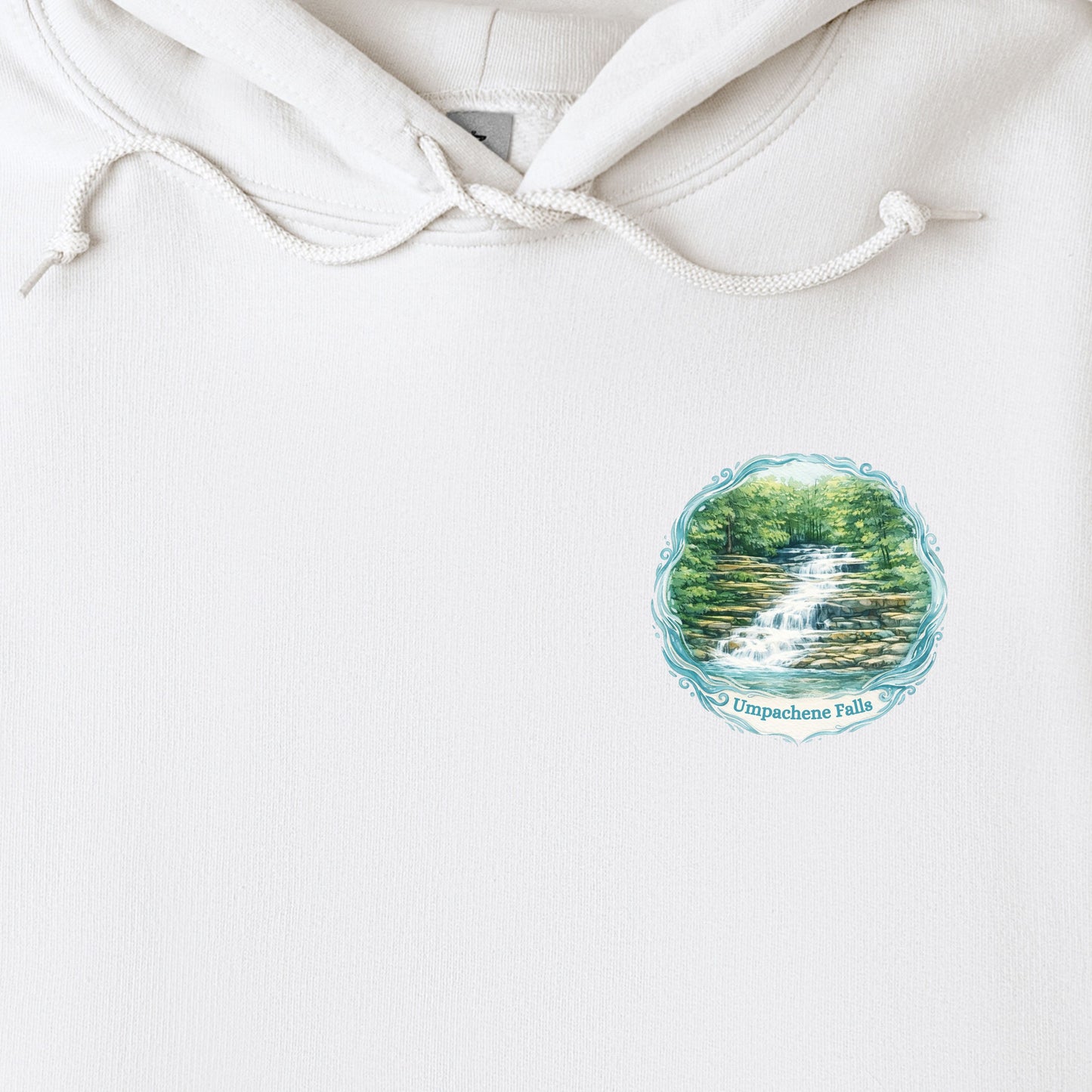White hoodie with waterfall logo on front