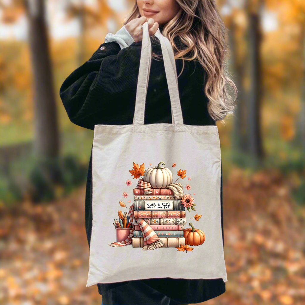 Just A Girl Who Loves Fall Canvas Tote Bag On Model Over Shoulder