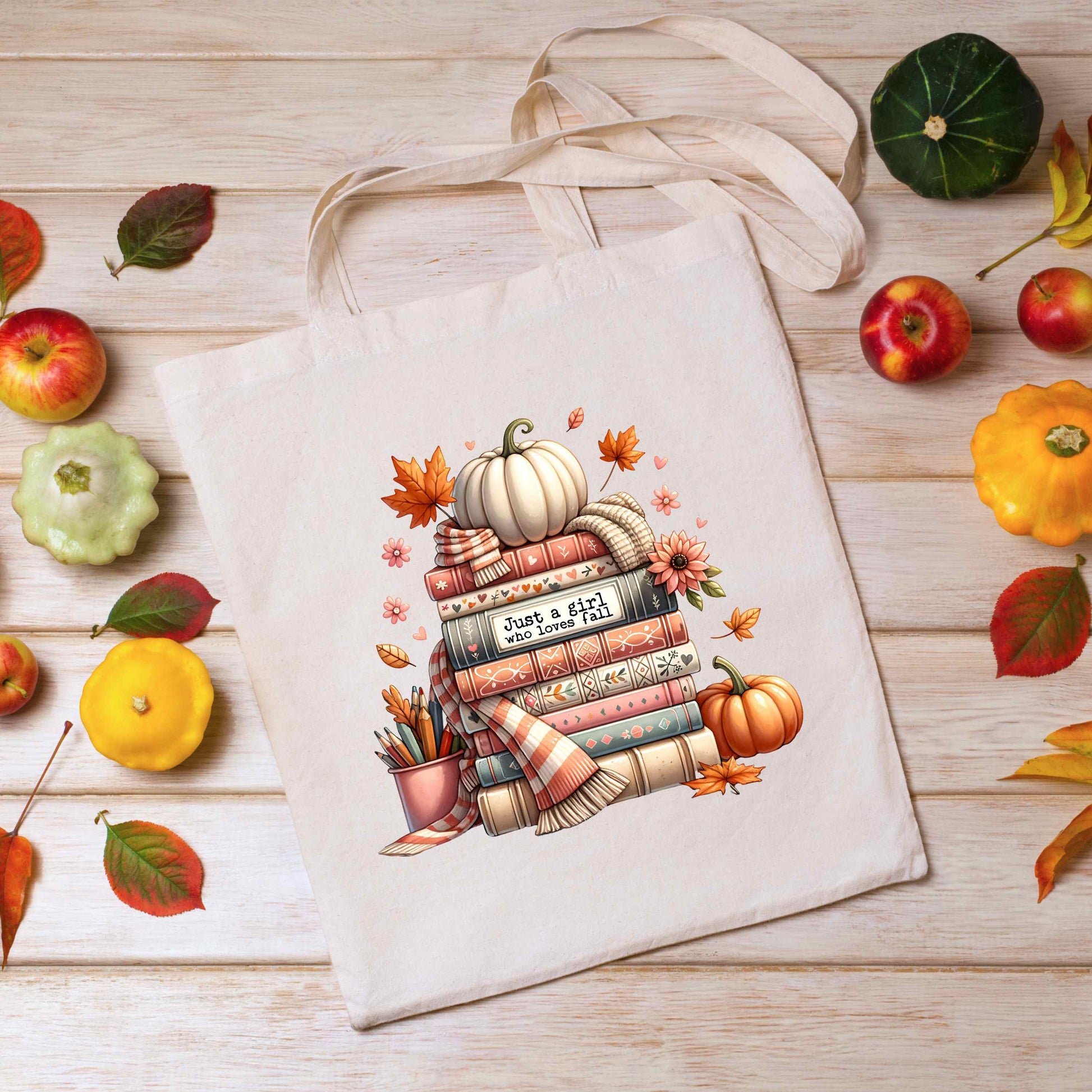 Just A Girl Who Loves Fall Canvas Tote Bag Flat Lay