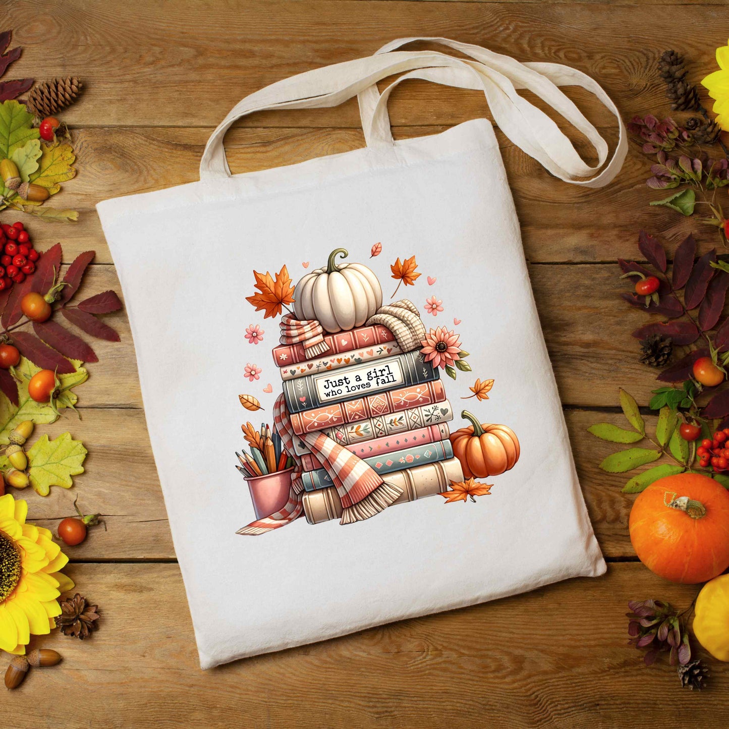 Just A Girl Who Loves Fall Canvas Tote Bag Flat Lay