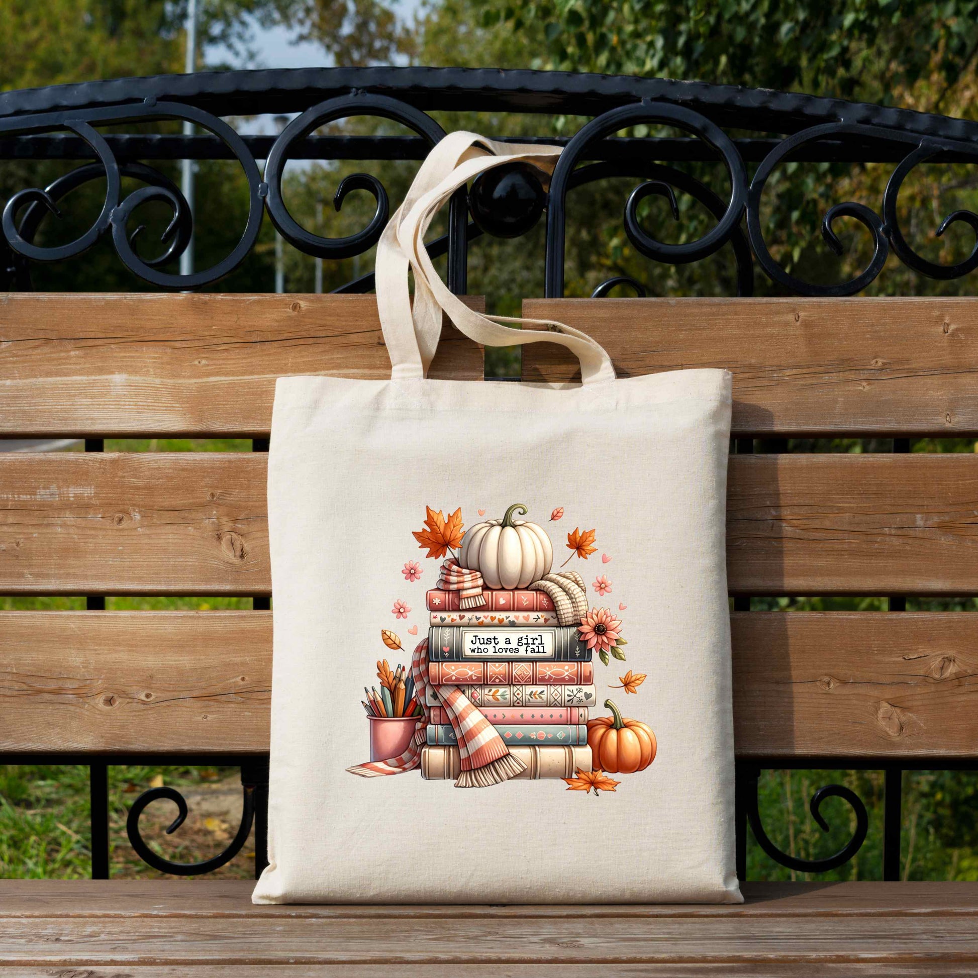 Just A Girl Who Loves Fall Canvas Tote Bag On Bench