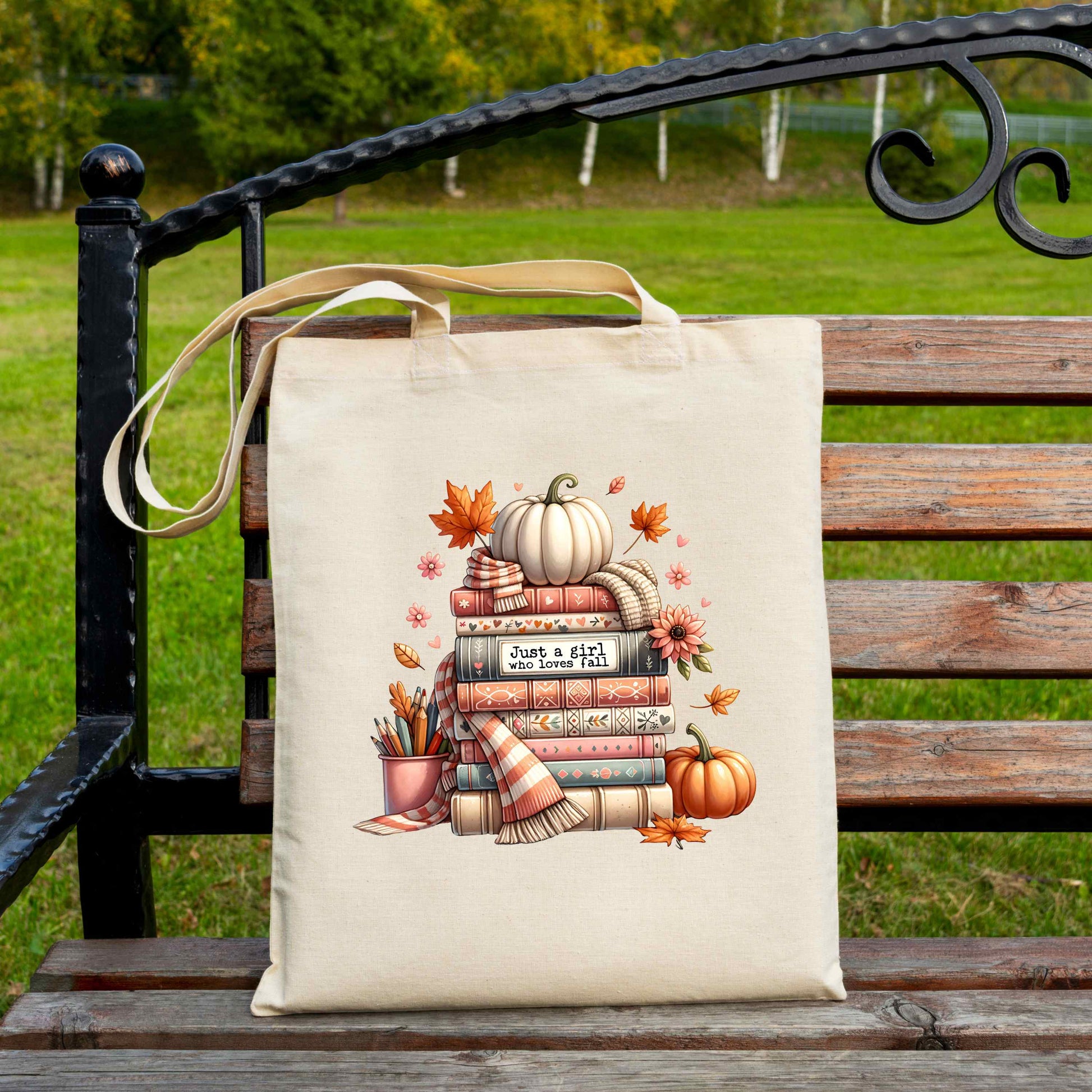 Just A Girl Who Loves Fall Canvas Tote Bag On Bench