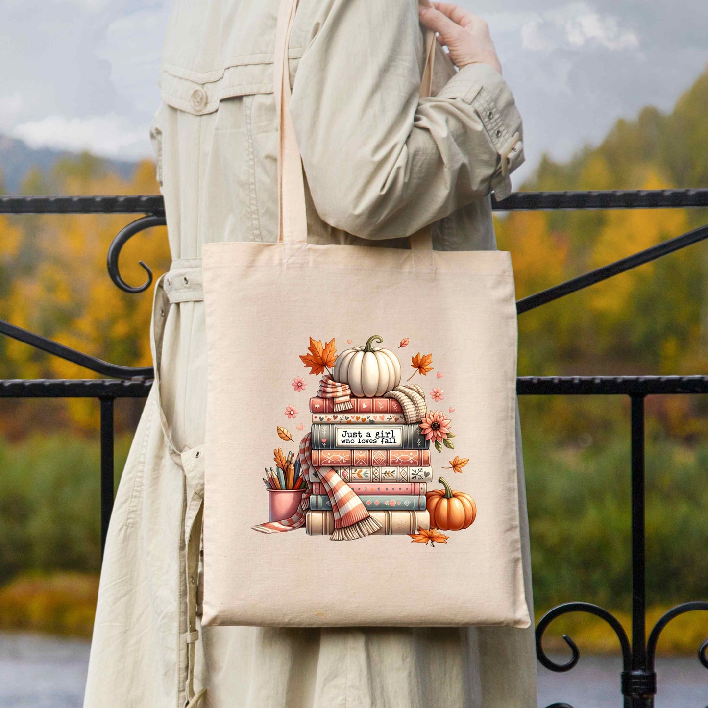 Just A Girl Who Loves Fall Canvas Tote Bag Over Shoulder