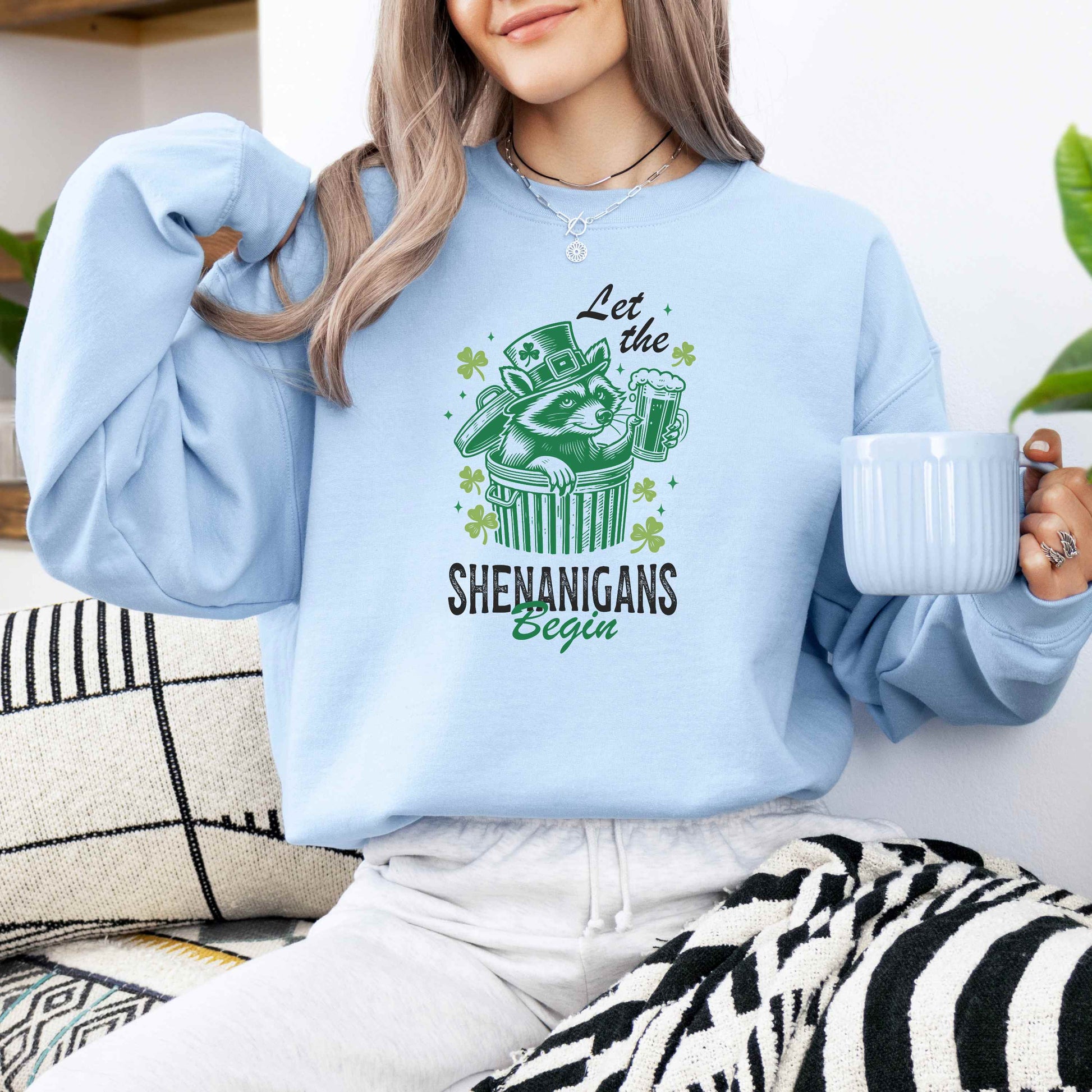 Let The Shenanigans Begin Light Blue Sweatshirt On Model