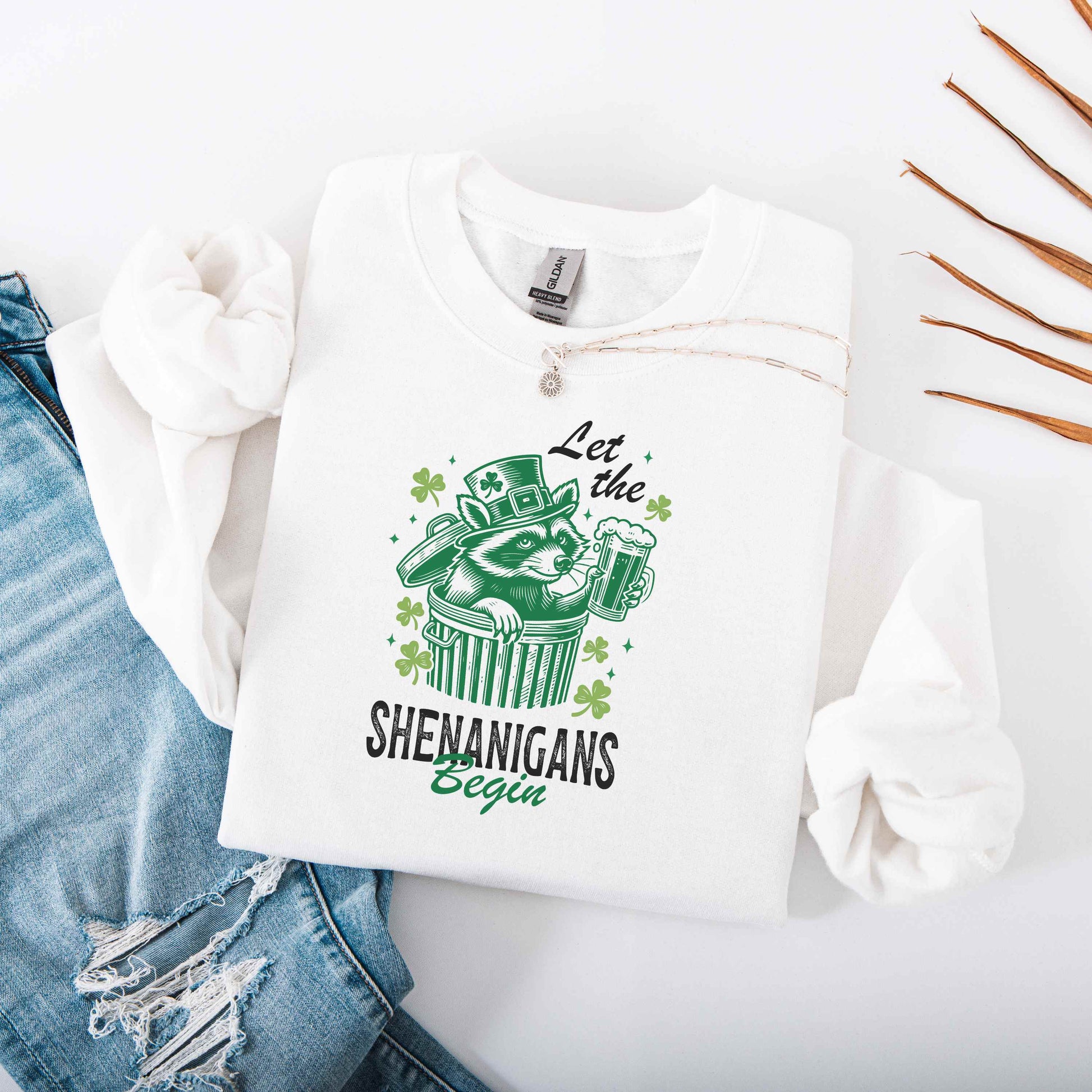 Let The Shenanigans Begin White Sweatshirt Flat Lay