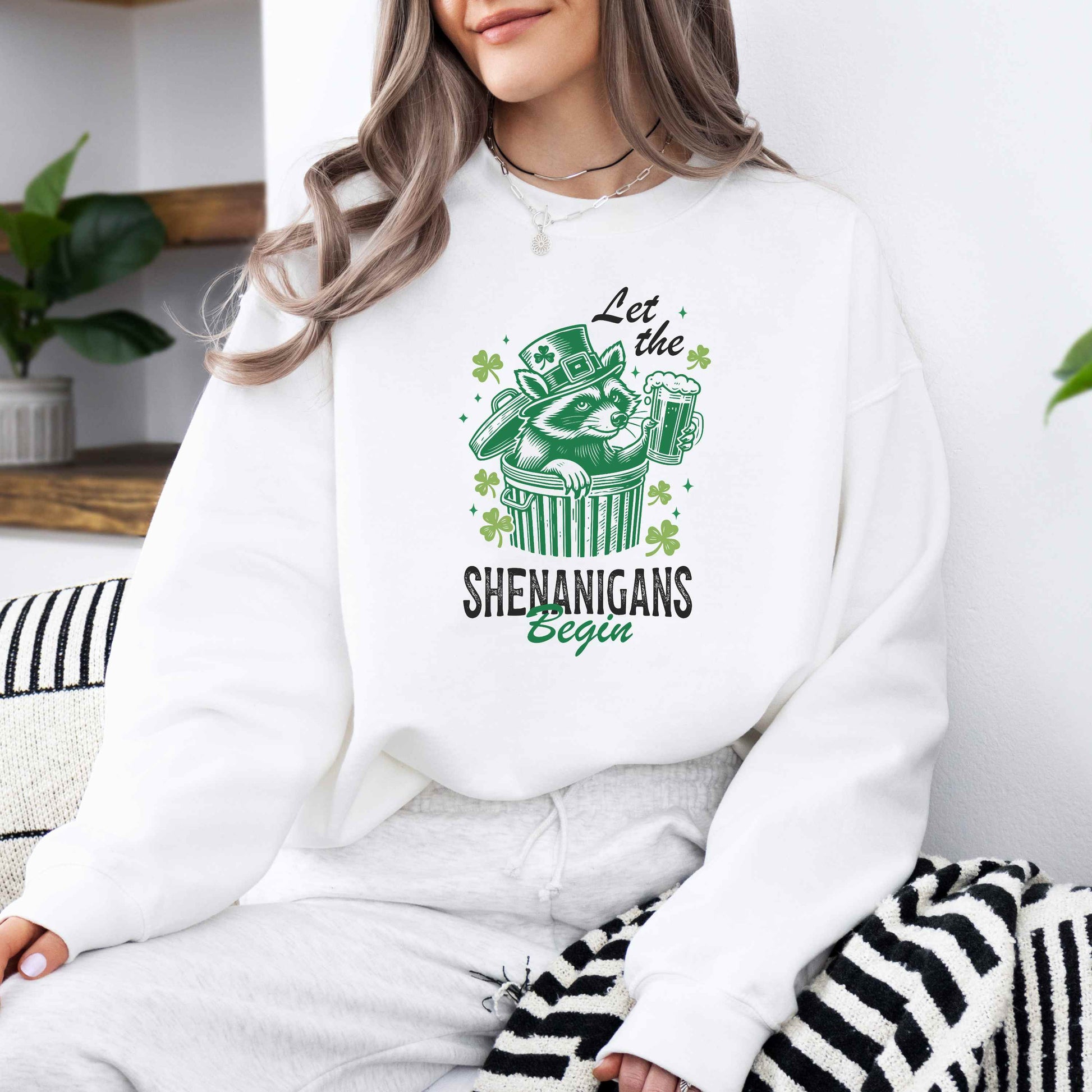 Let The Shenanigans Begin White Sweatshirt On Model